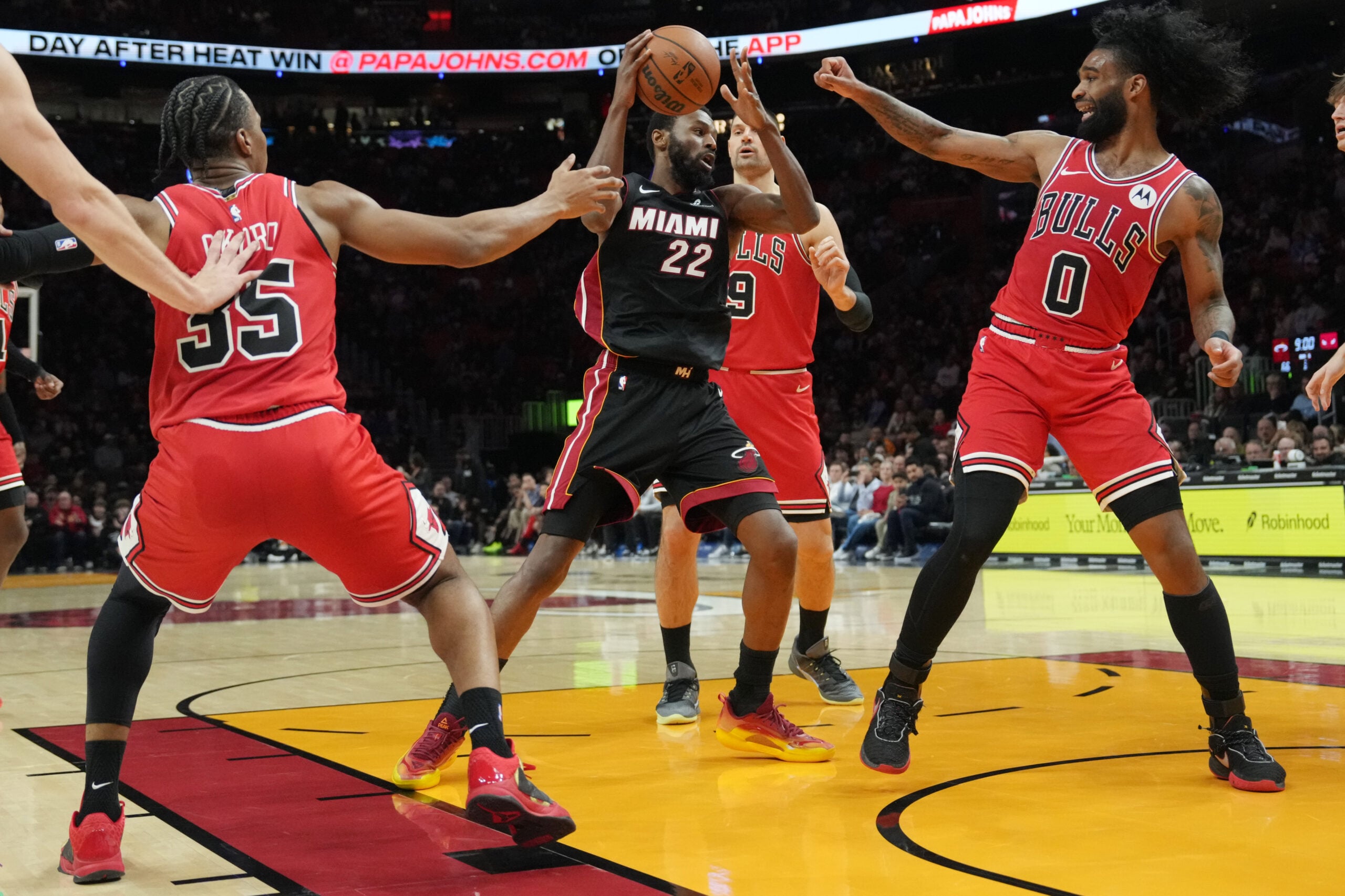 Feb 1, 2026; Miami, Florida, USA; Miami Heat forward Andrew Wiggins (22) grabs a rebound against the Chicago Bulls during the second half at Kaseya Center. Mandatory Credit: Jim Rassol-Imagn Images