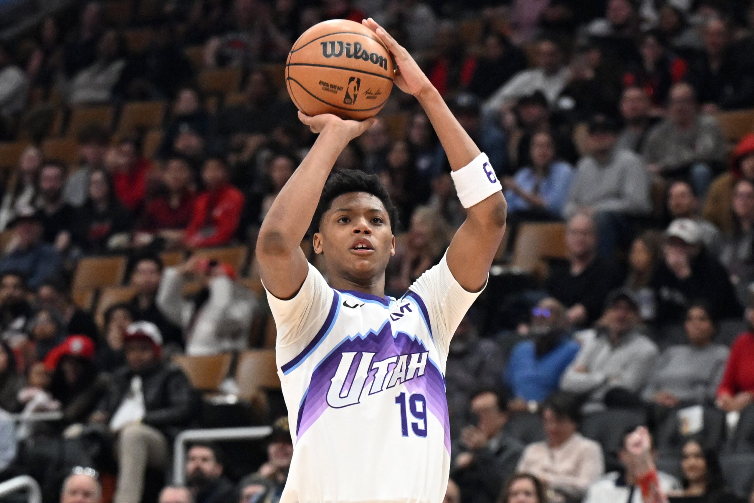 Feb 1, 2026; Toronto, Ontario, CAN;  Utah Jazz guard Ace Bailey (19) shoots the ball against the Toronto Raptors in the second half at Scotiabank Arena. Mandatory Credit: Dan Hamilton-Imagn Images