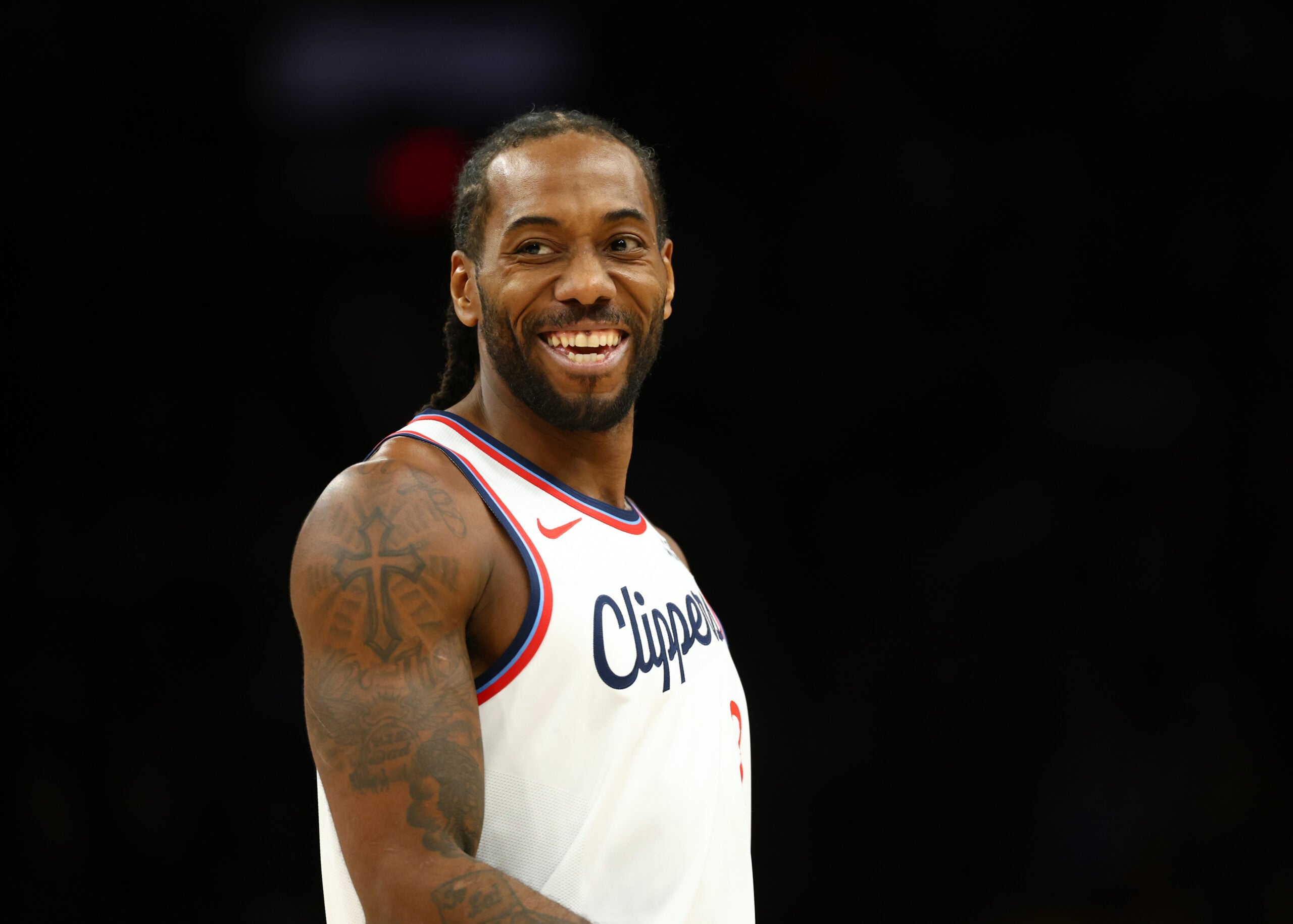 Feb 1, 2026; Phoenix, Arizona, USA; Los Angeles Clippers forward Kawhi Leonard (2) smiles against the Phoenix Suns in the second half at Mortgage Matchup Center. Mandatory Credit: Mark J. Rebilas-Imagn Images