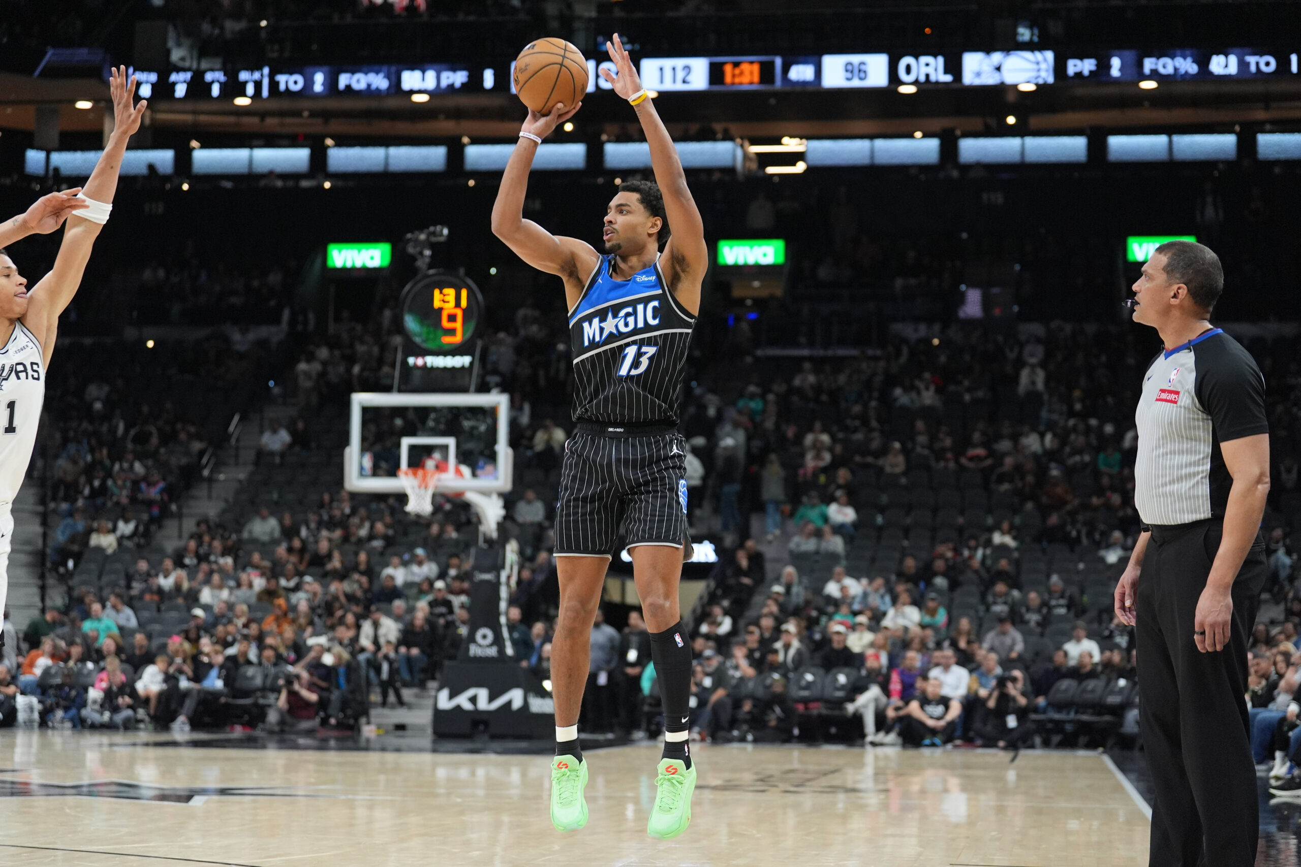 Feb 1, 2026; San Antonio, Texas, USA; Orlando Magic guard Jett Howard (13) shoots in the second half against the San Antonio Spurs at Frost Bank Center. Mandatory Credit: Daniel Dunn-Imagn Images