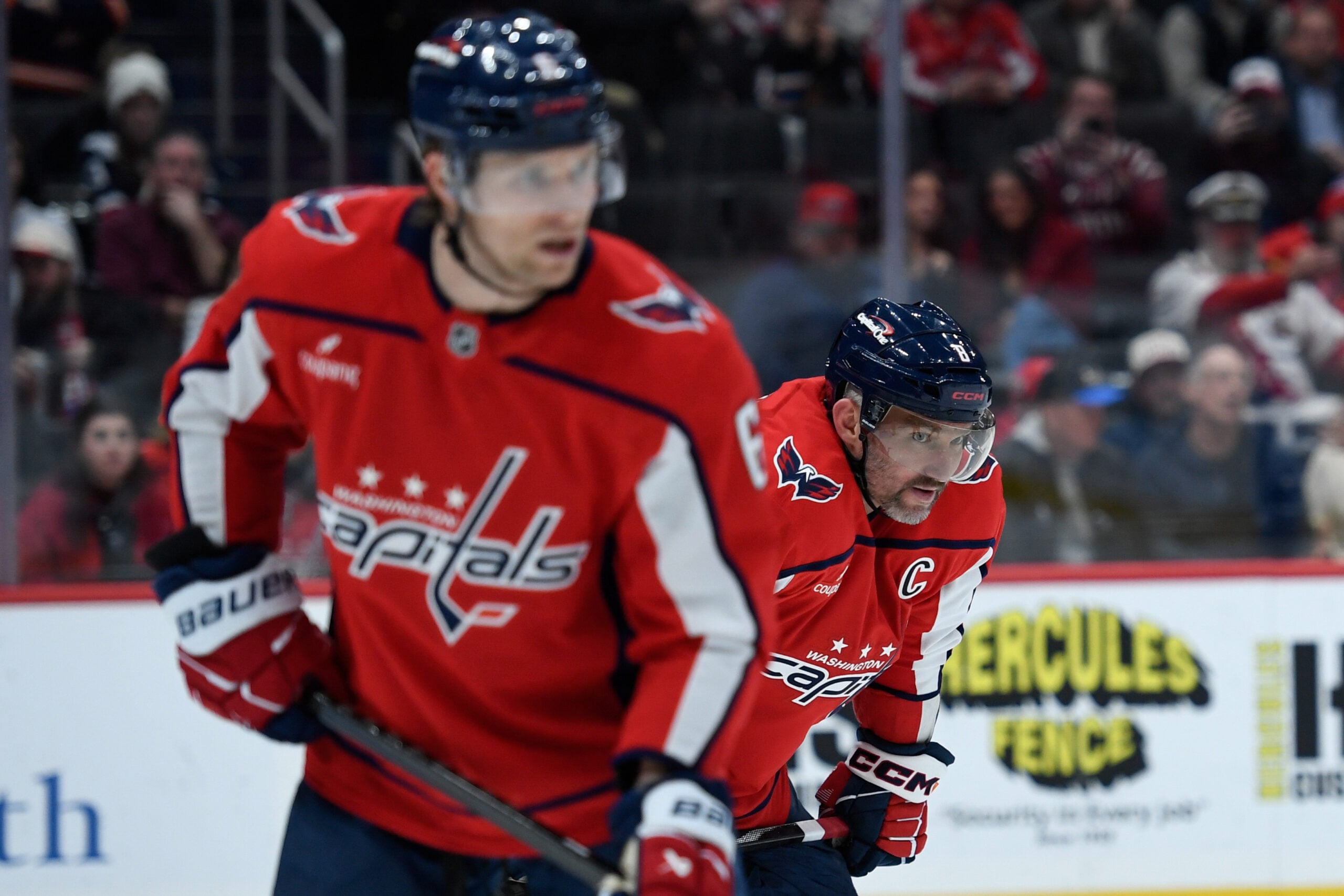 Feb 2, 2026; Washington, District of Columbia, USA; Washington Capitals left wing Alex Ovechkin (8) looks on during the third period against the New York Islanders at Capital One Arena. Mandatory Credit: Hannah Foslien-Imagn Images