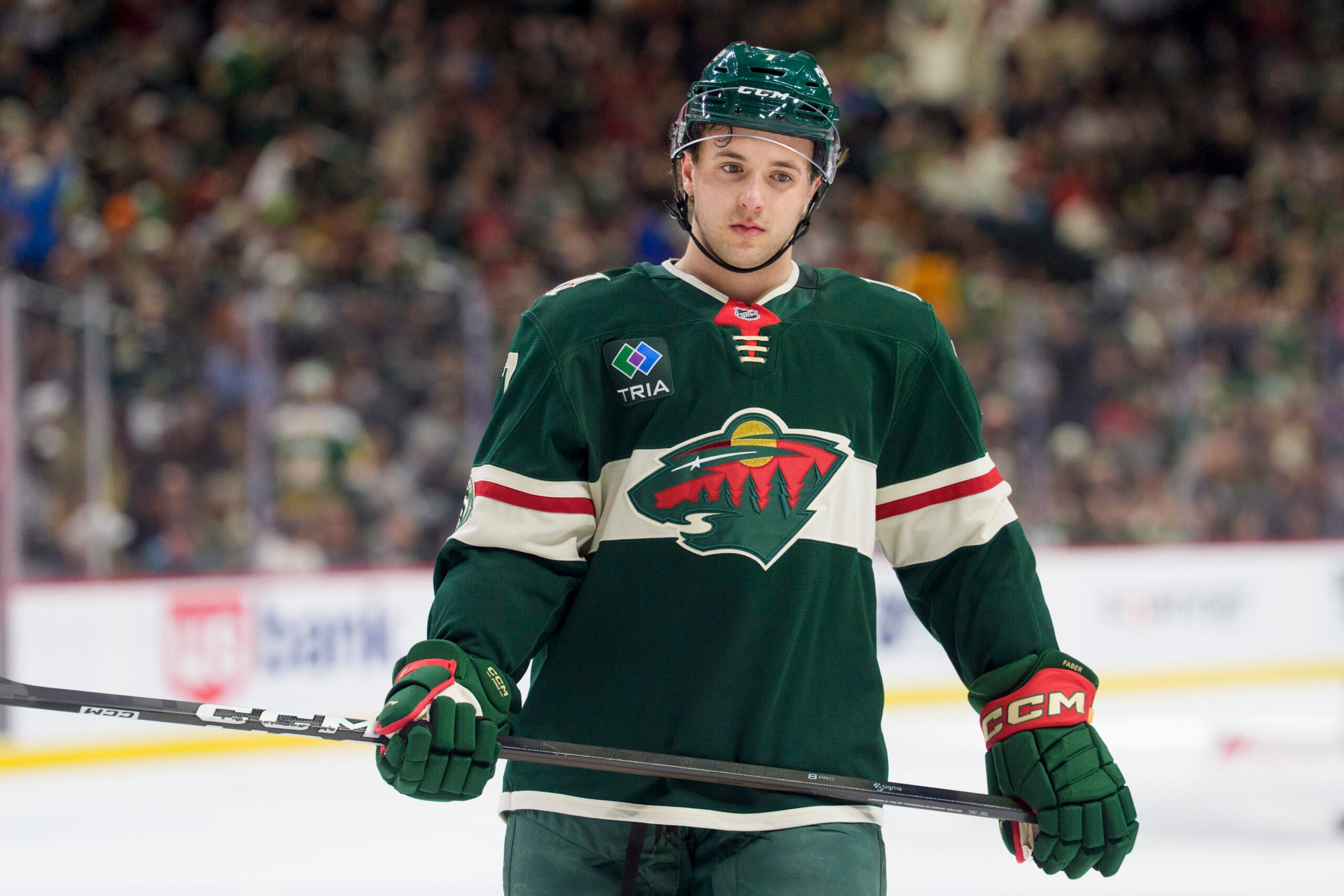 Feb 2, 2026; Saint Paul, Minnesota, USA; Minnesota Wild defenseman Brock Faber (7) during a stoppage in play against the Montreal Canadiens in the first period at Grand Casino Arena. Mandatory Credit: Matt Blewett-Imagn Images