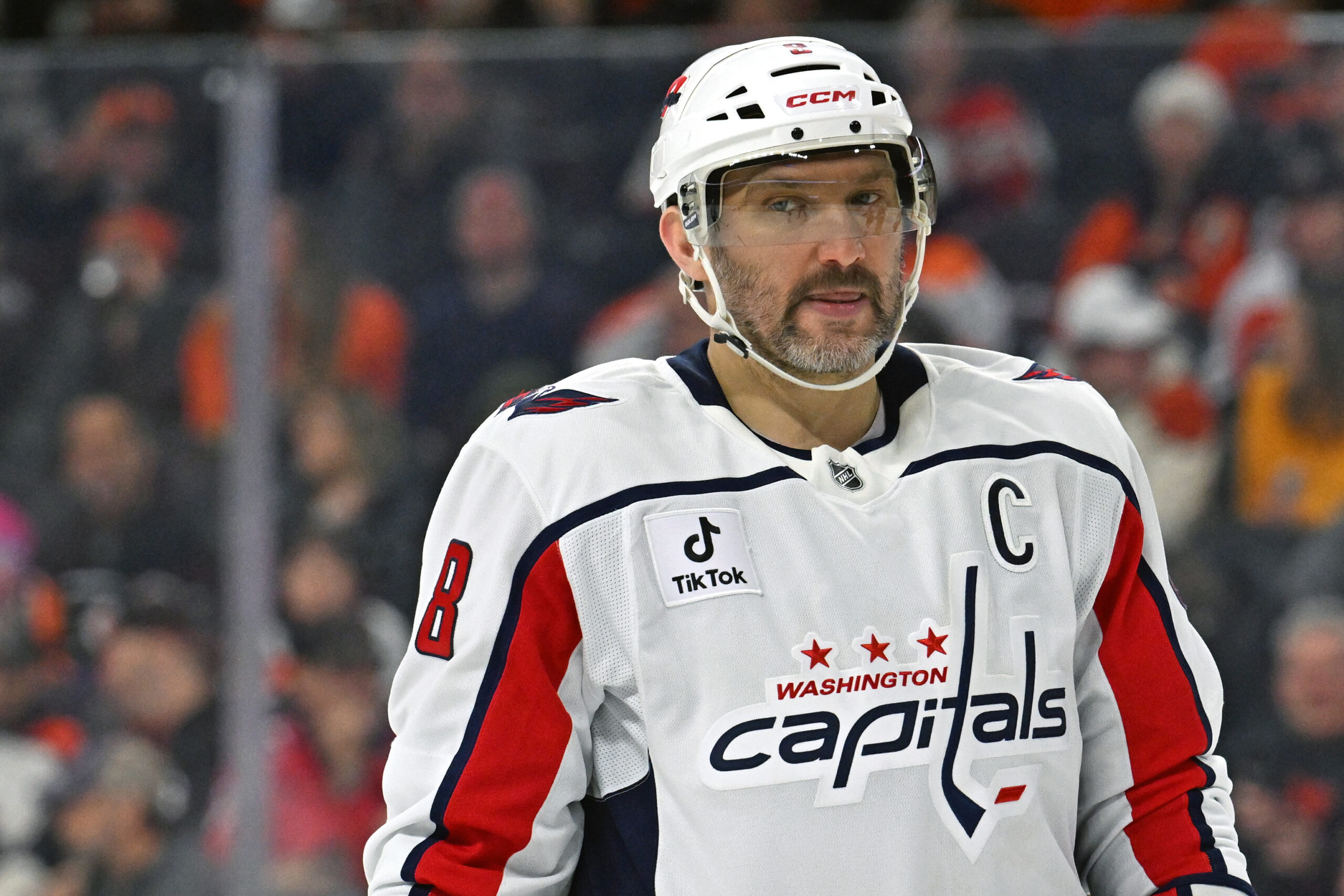 Feb 3, 2026; Philadelphia, Pennsylvania, USA; Washington Capitals left wing Alex Ovechkin (8) against the Philadelphia Flyers during the second period at Xfinity Mobile Arena. Mandatory Credit: Eric Hartline-Imagn Images