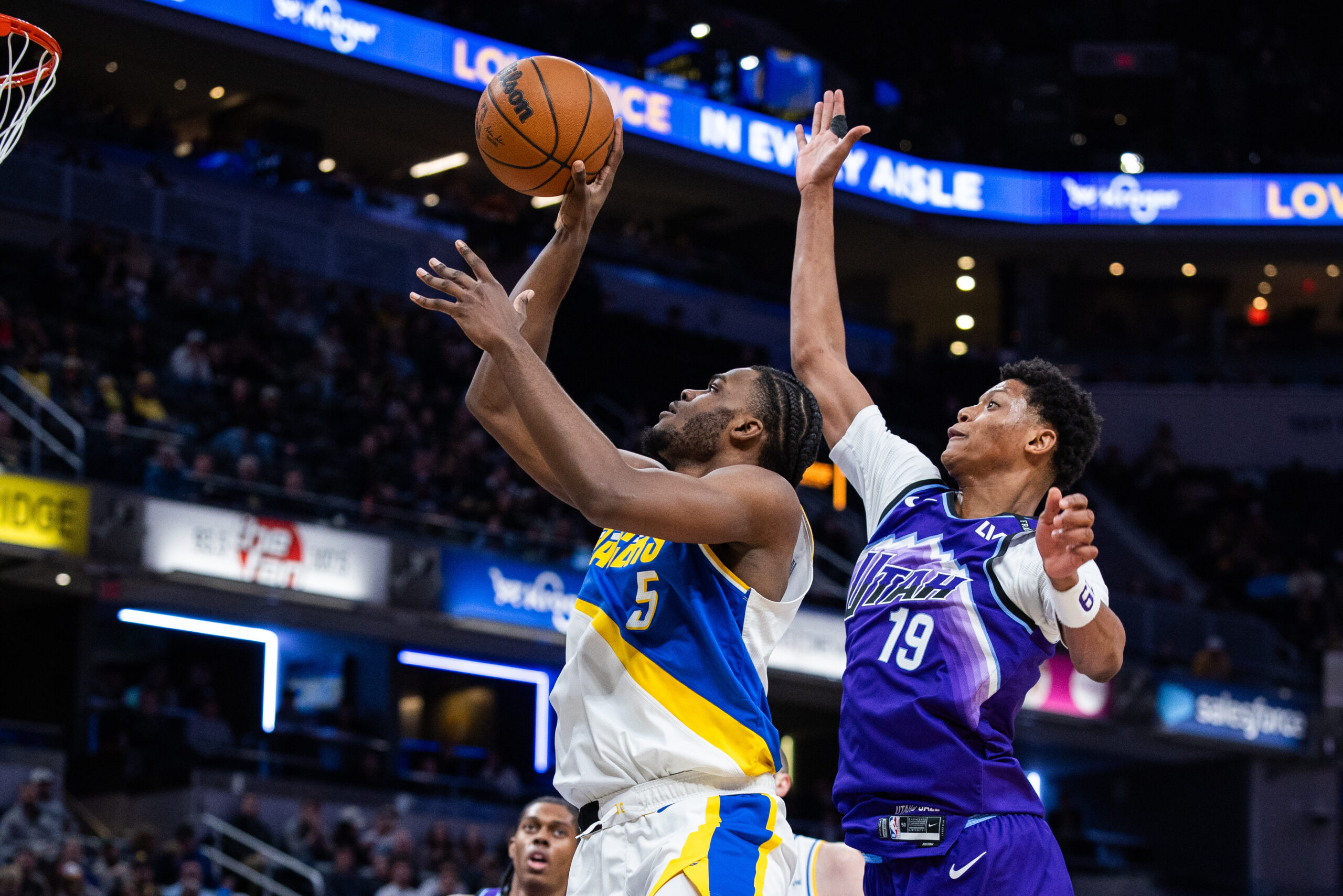 Feb 3, 2026; Indianapolis, Indiana, USA; Indiana Pacers forward Jarace Walker (5) shoots the ball while Utah Jazz forward Ace Bailey (19) defends in the second half at Gainbridge Fieldhouse. Mandatory Credit: Trevor Ruszkowski-Imagn Images