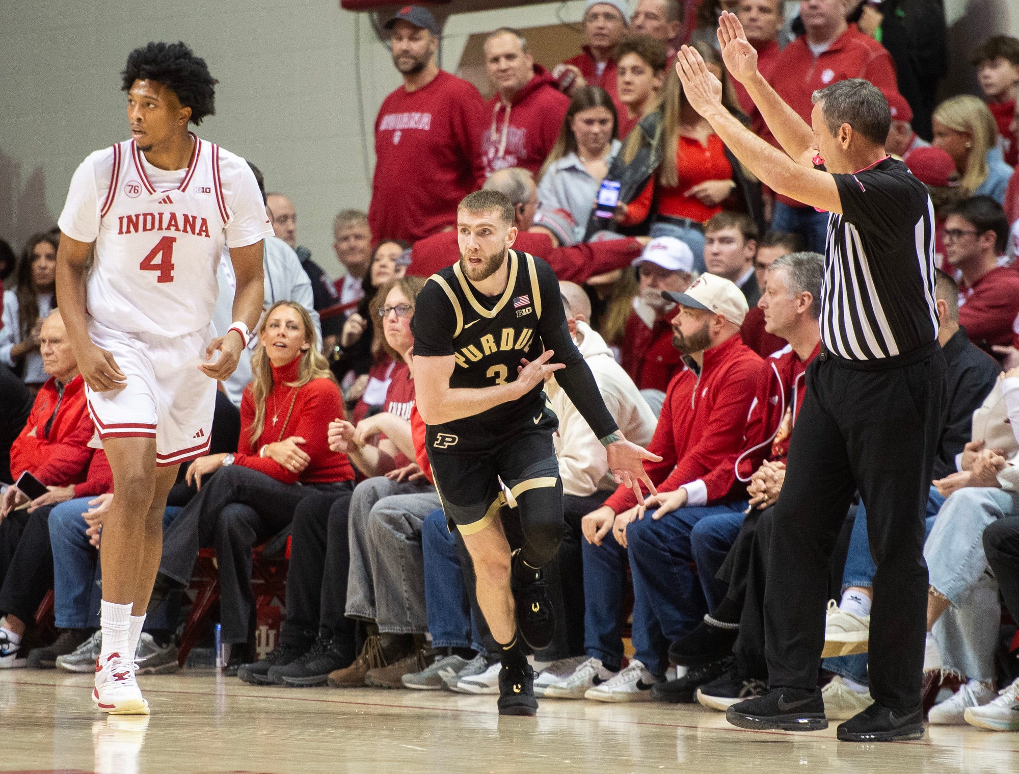 Purdue's Braden Smith (3) reacts to making a basket during the Indiana versus Purdue mens basketball game at Simon Skjodt Assembly Hall on Tuesday, Jan. 27, 2026.