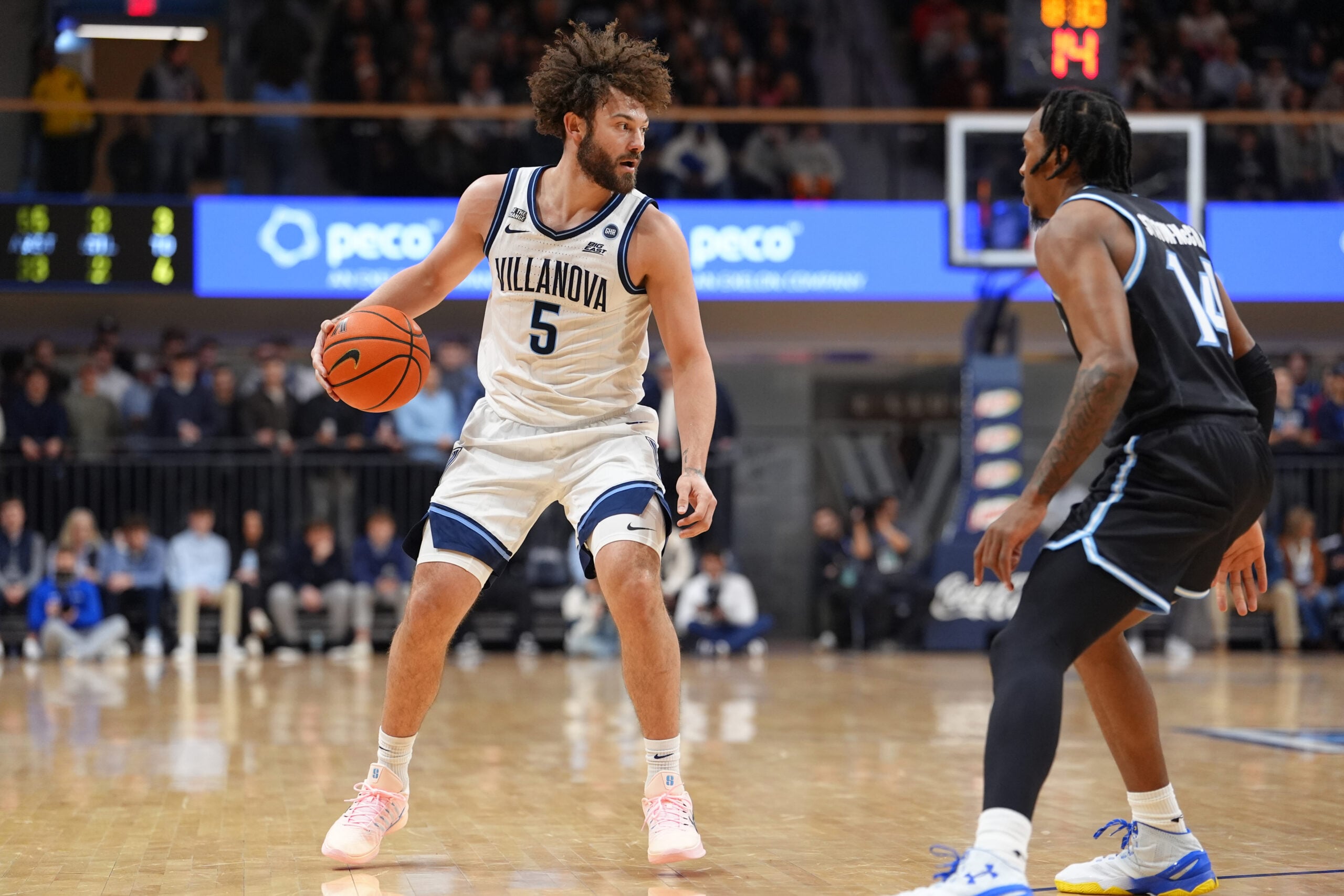 Feb 4, 2026; Villanova, Pennsylvania, USA; Villanova Wildcats guard Devin Askew (5) controls the ball against the Seton Hall Pirates in the first half at William B. Finneran Pavilion. Mandatory Credit: Kyle Ross-Imagn Images