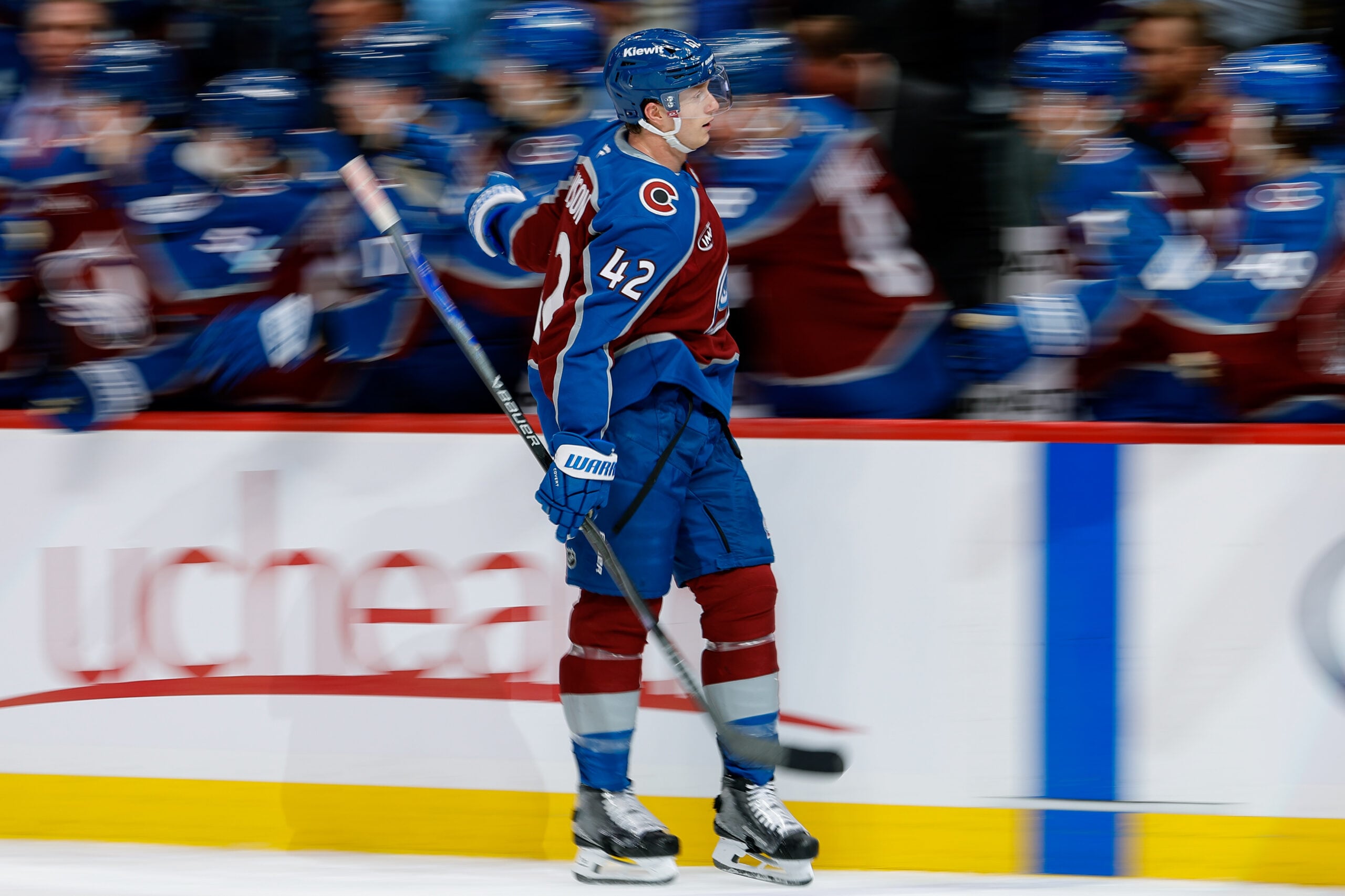 Feb 4, 2026; Denver, Colorado, USA; Colorado Avalanche defenseman Josh Manson (42) celebrates with the bench after his goal in the third period against the San Jose Sharks at Ball Arena. Mandatory Credit: Isaiah J. Downing-Imagn Images