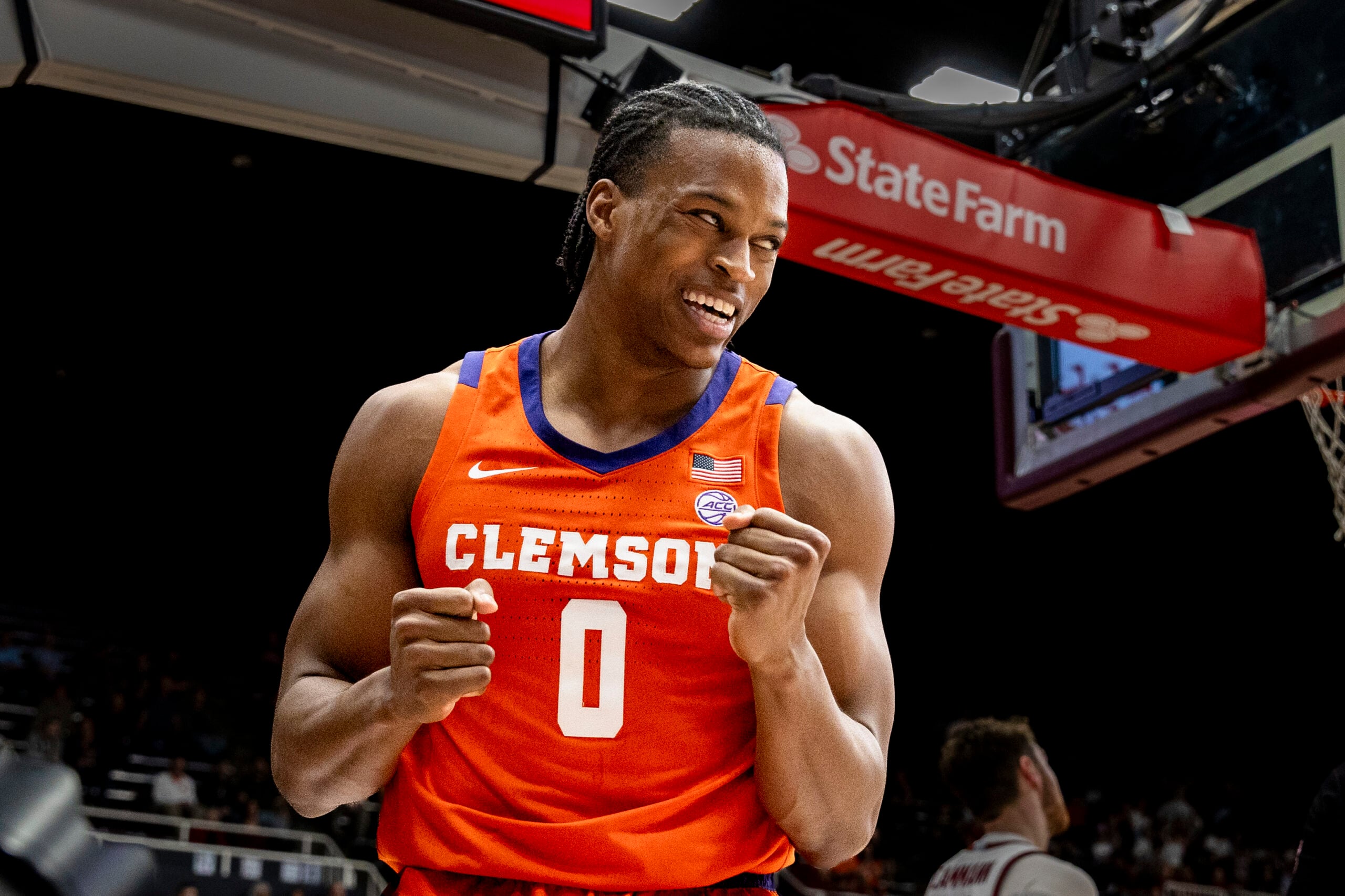 Feb 4, 2026; Stanford, California, USA;  Clemson Tigers forward RJ Godfrey (0) reacts after scoring and drawing a foul against the Stanford Cardinal during the second half at Maples Pavilion. Mandatory Credit: John Hefti-Imagn Images