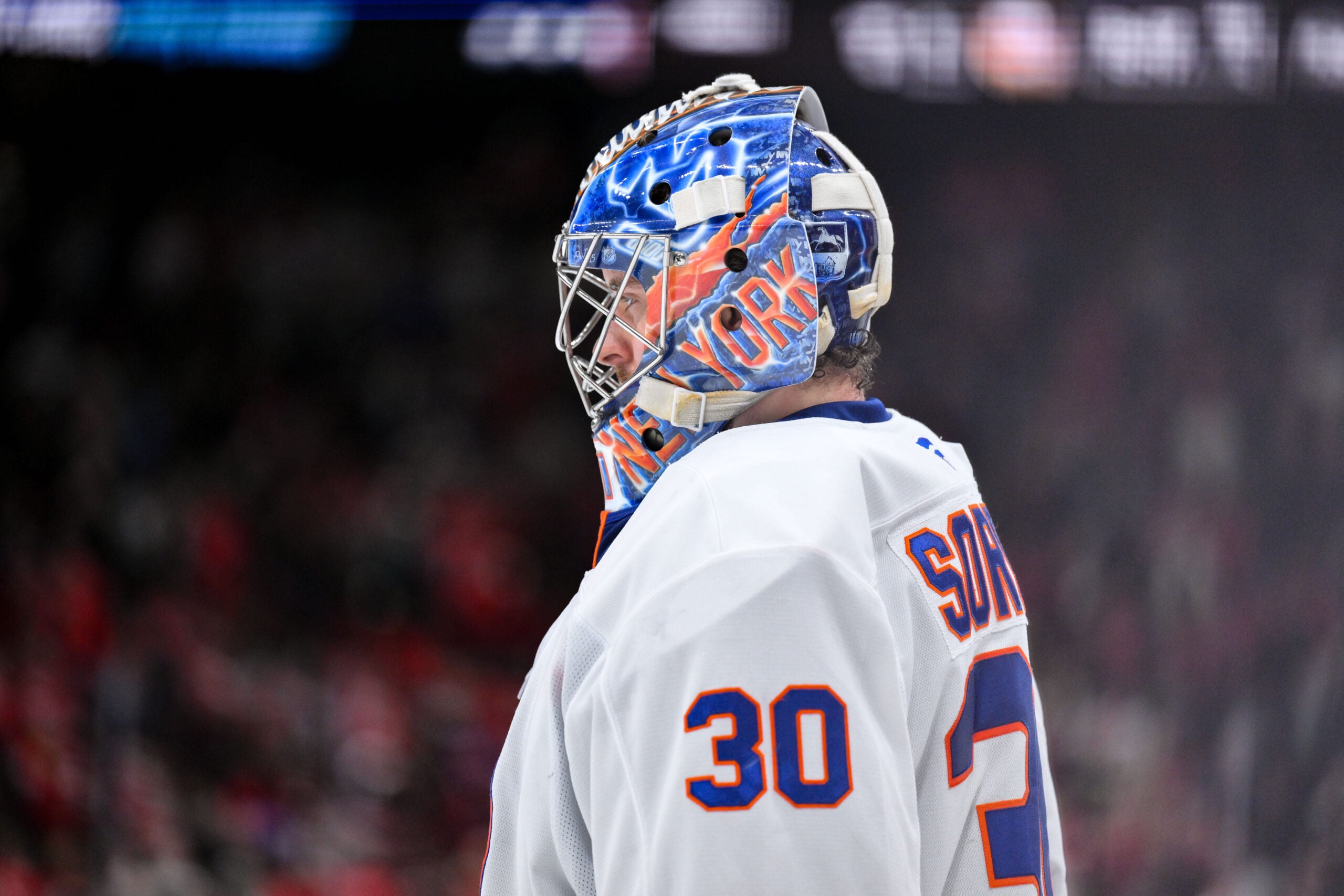 Feb 5, 2026; Newark, New Jersey, USA; New York Islanders goaltender Ilya Sorokin (30) during a time out in the second period against the New Jersey Devils at Prudential Center. Mandatory Credit: John Jones-Imagn Images