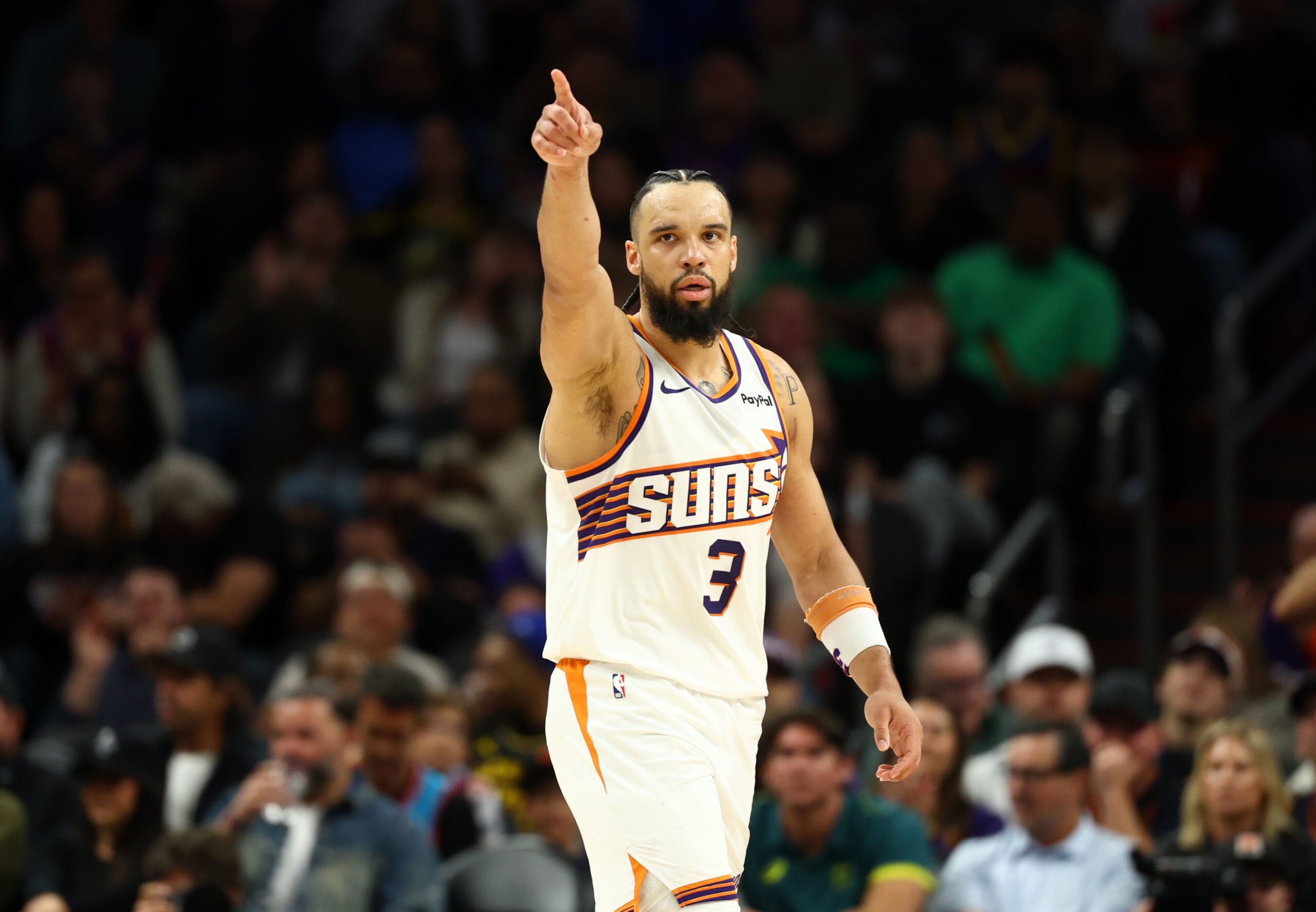 Feb 5, 2026; Phoenix, Arizona, USA; Phoenix Suns forward Dillon Brooks (3) reacts against the Golden State Warriors in the second half at Mortgage Matchup Center. Mandatory Credit: Mark J. Rebilas-Imagn Images