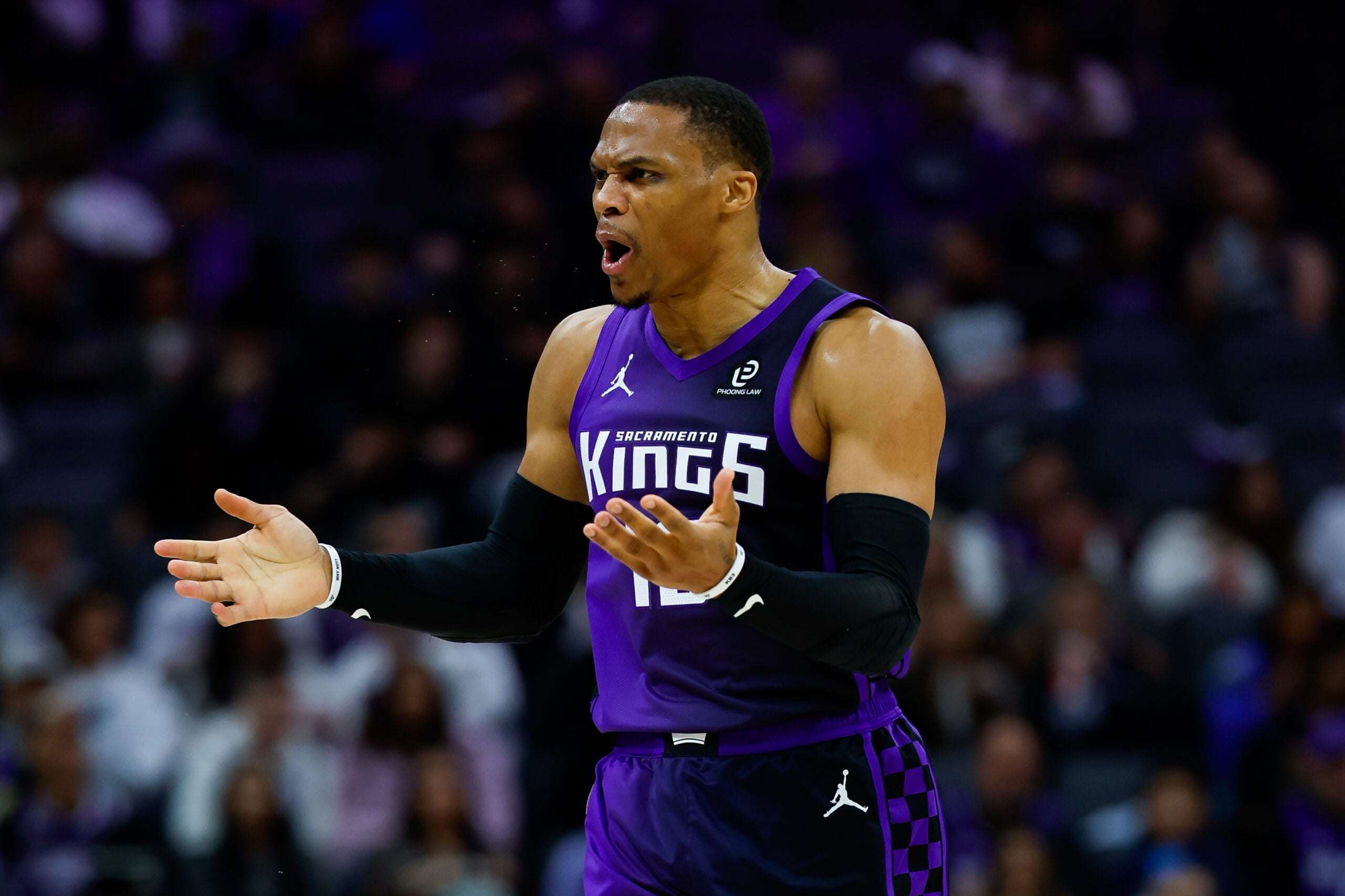 Feb 6, 2026; Sacramento, California, USA; Sacramento Kings guard Russell Westbrook (18) reacts after a play during the third quarter against the Los Angeles Clippers at Golden 1 Center. Mandatory Credit: Sergio Estrada-Imagn Images