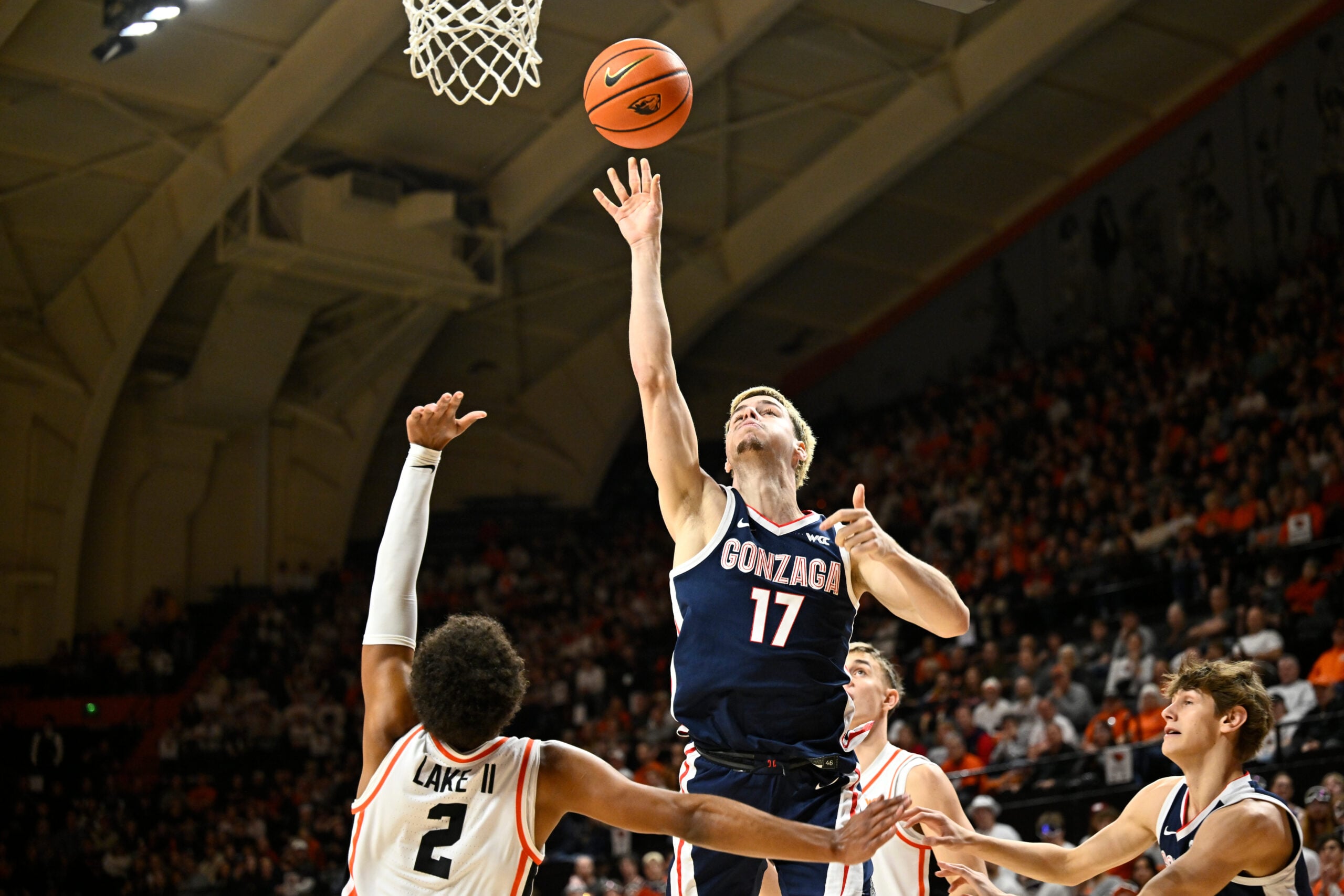 Feb 7, 2026; Corvallis, Oregon, USA; Gonzaga Bulldogs guard Mario Saint-Supery (17) shoots the ball over Oregon State Beavers guard Josiah Lake II (2) during the first half at Gill Coliseum. Mandatory Credit: Craig Strobeck-Imagn Images