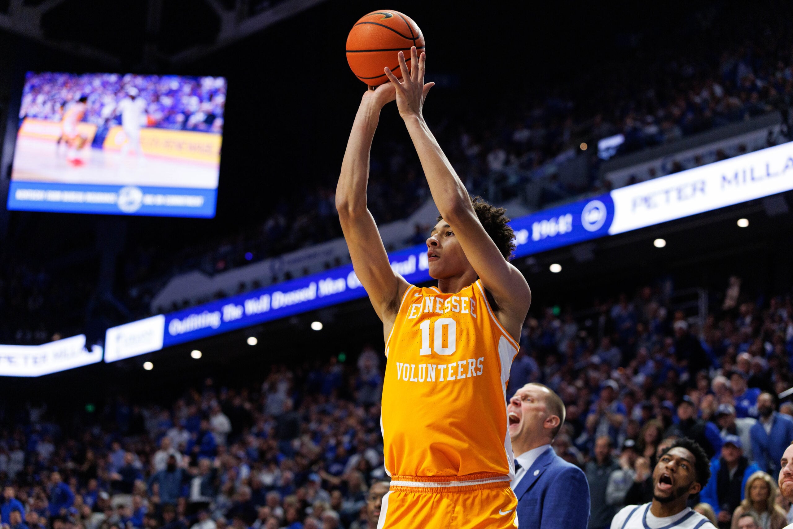Feb 7, 2026; Lexington, Kentucky, USA; Tennessee Volunteers forward Nate Ament (10) scores a three-point basket during the first half against the Kentucky Wildcats at Rupp Arena at Central Bank Center. Mandatory Credit: Jordan Prather-Imagn Images