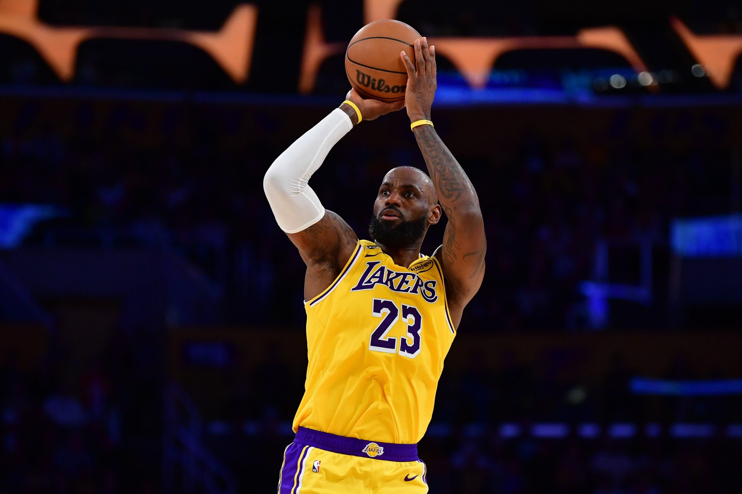 Feb 7, 2026; Los Angeles, California, USA; Los Angeles Lakers forward LeBron James (23) shoots against the Golden State Warriors during the first half at Crypto.com Arena. Mandatory Credit: Gary A. Vasquez-Imagn Images