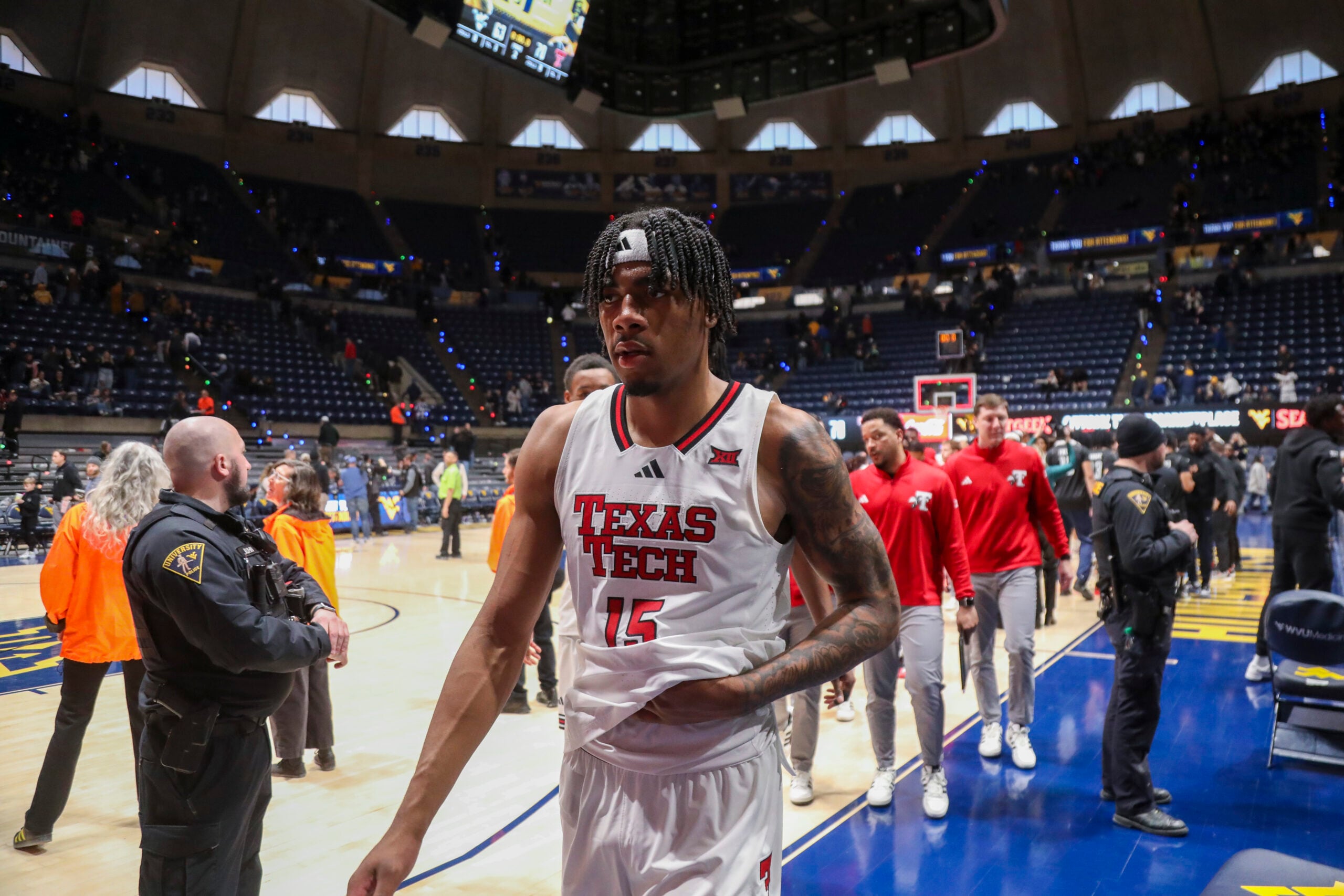 Feb 8, 2026; Morgantown, West Virginia, USA; Texas Tech Red Raiders forward JT Toppin (15) walks off the court after defeating the West Virginia Mountaineers at Hope Coliseum. Mandatory Credit: Ben Queen-Imagn Images