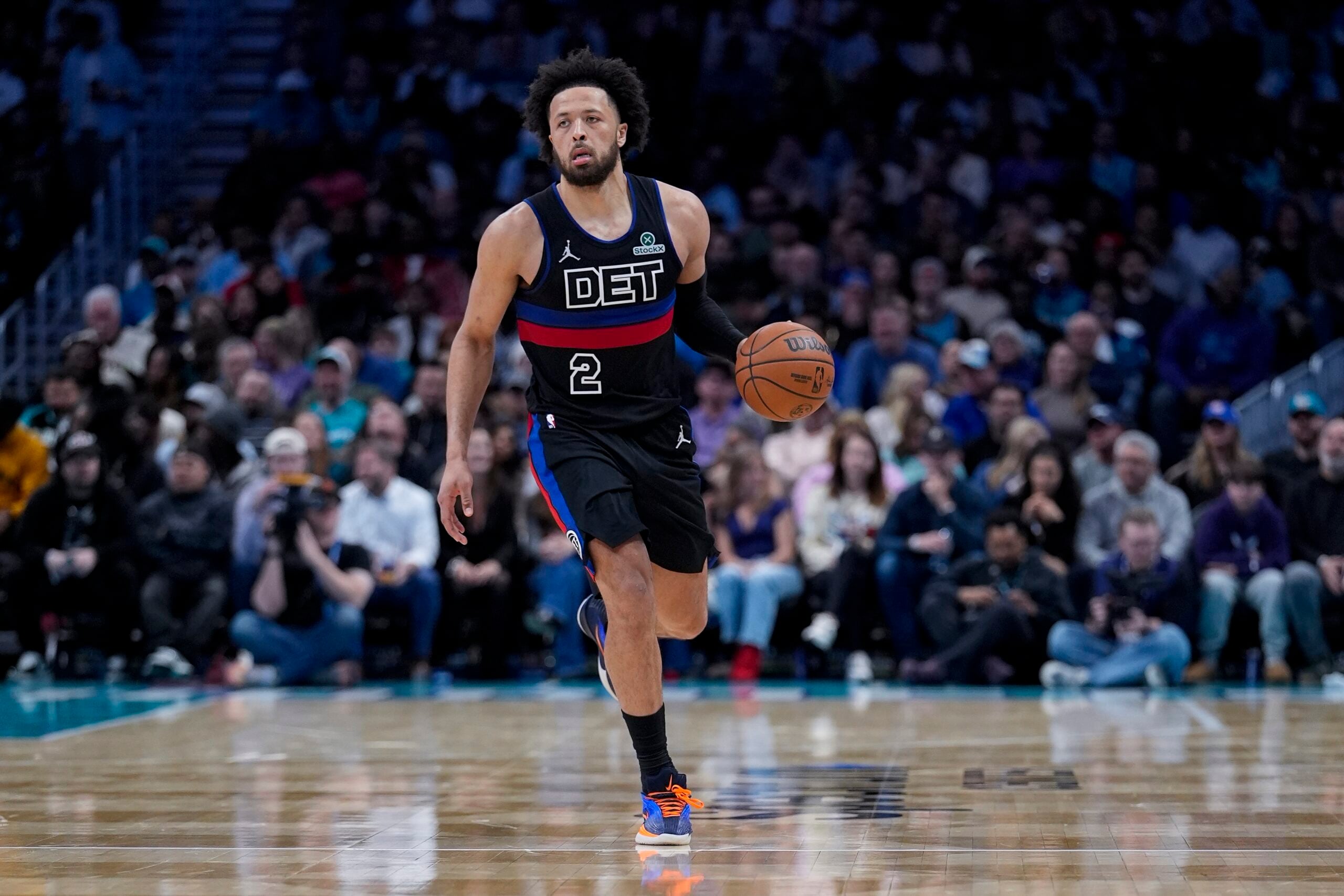 Feb 9, 2026; Charlotte, North Carolina, USA; Detroit Pistons guard Cade Cunningham (2) brings the ball up court during the second half against the Charlotte Hornets at Spectrum Center. Mandatory Credit: Jim Dedmon-Imagn Images