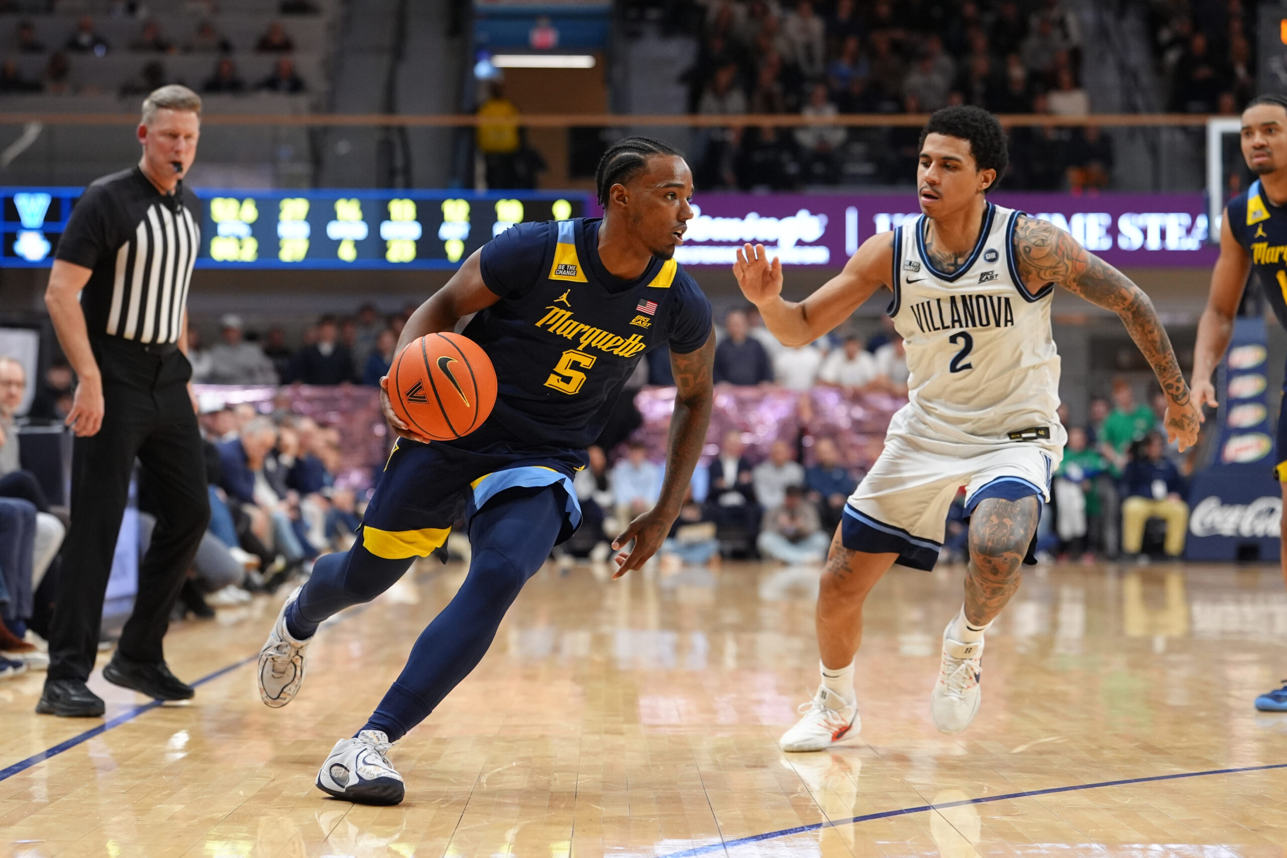 Feb 10, 2026; Villanova, Pennsylvania, USA; Marquette Golden Eagles guard Tre Norman (5) controls the ball against the Villanova Wildcats in the second half at William B. Finneran Pavilion. Mandatory Credit: Kyle Ross-Imagn Images