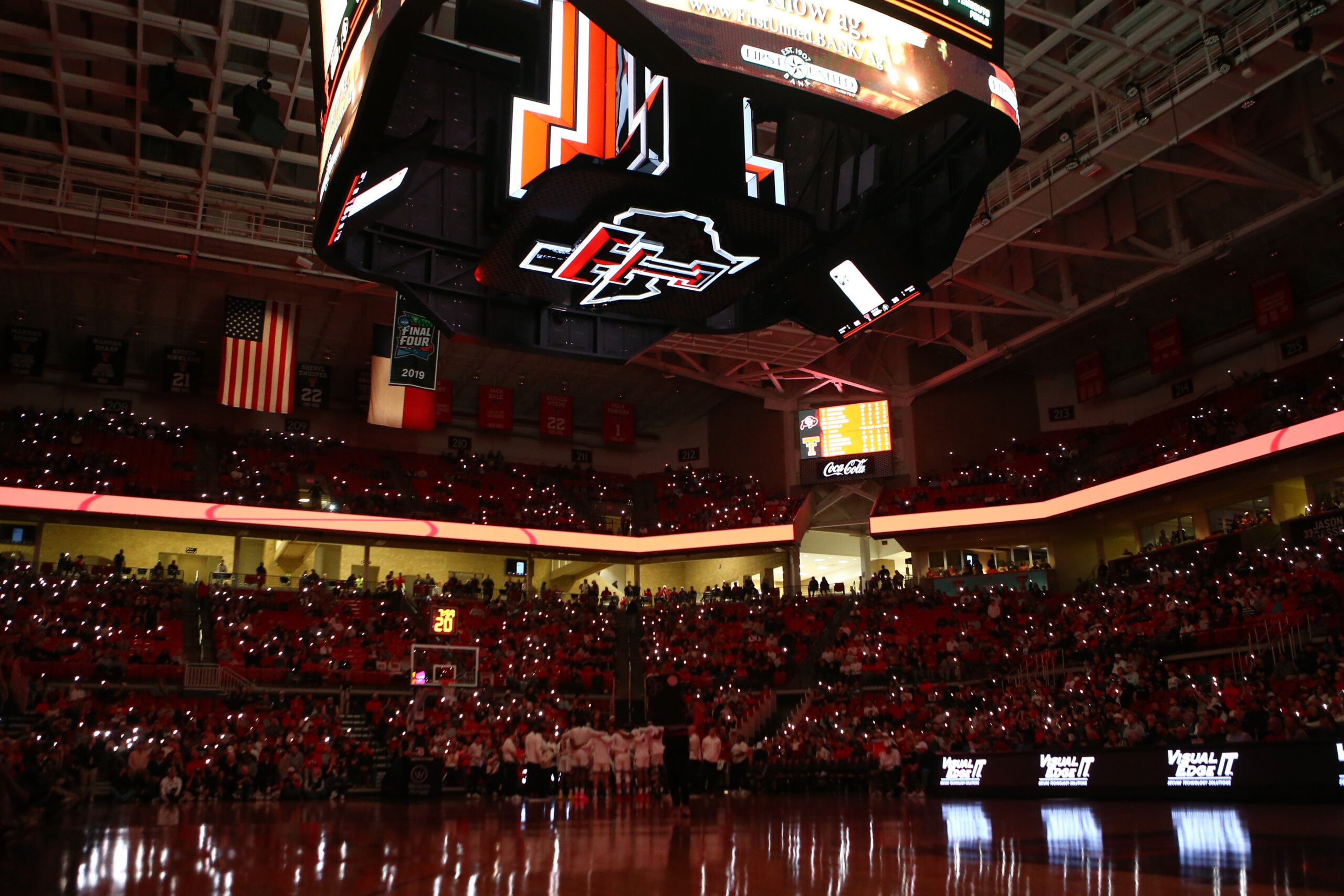 Feb 11, 2026; Lubbock, Texas, USA; A general view of United Supermarkets Arena during a time out in the second half of the game between the Colorado Buffaloes and the Texas Tech Red Raiders. Mandatory Credit: Michael C. Johnson-Imagn Images