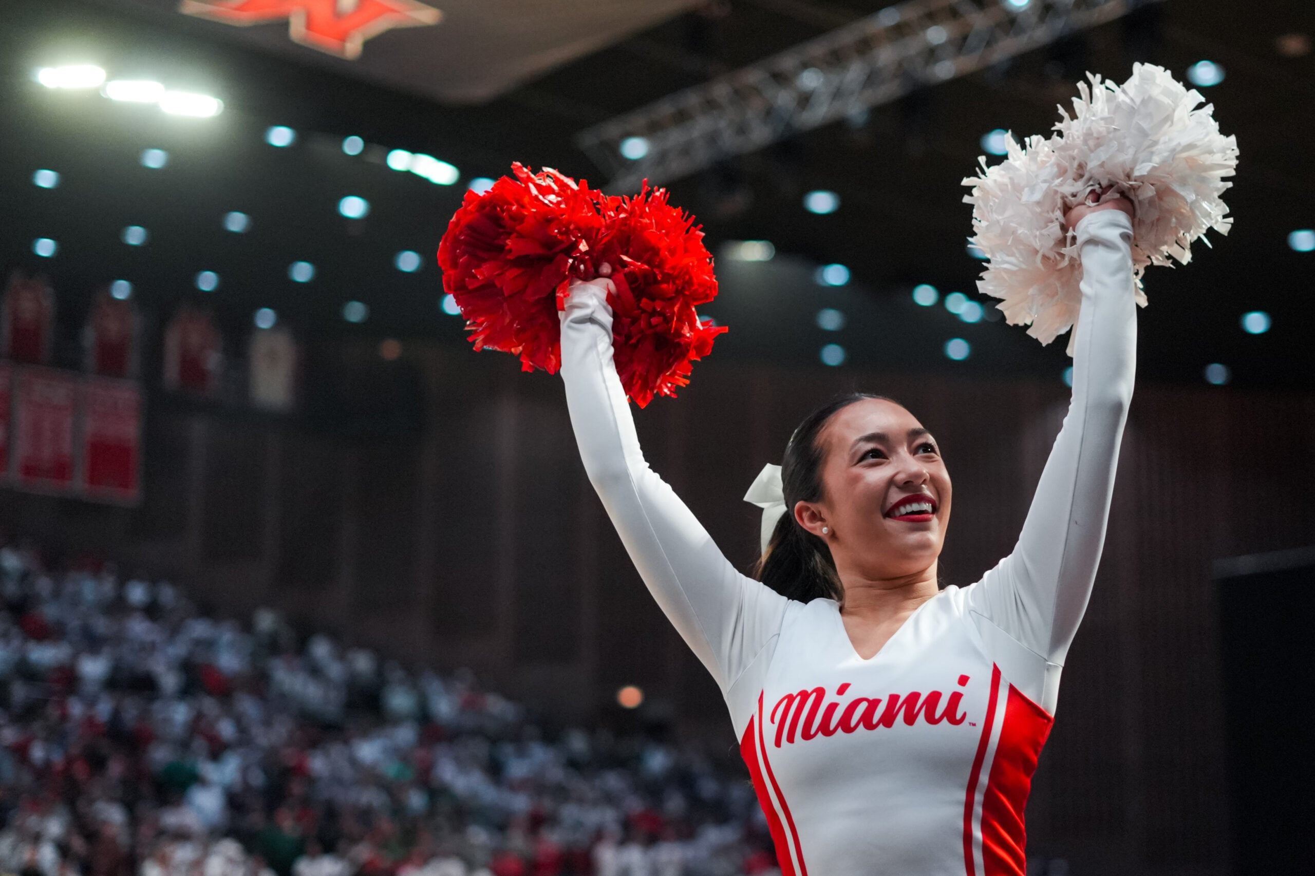 Feb 13, 2026; Miami, Ohio, USA;  A cheerleader performs before the game between the Ohio Bobcats and the Miami (OH) RedHawks at Millett Hall. Mandatory Credit: Aaron Doster-Imagn Images
