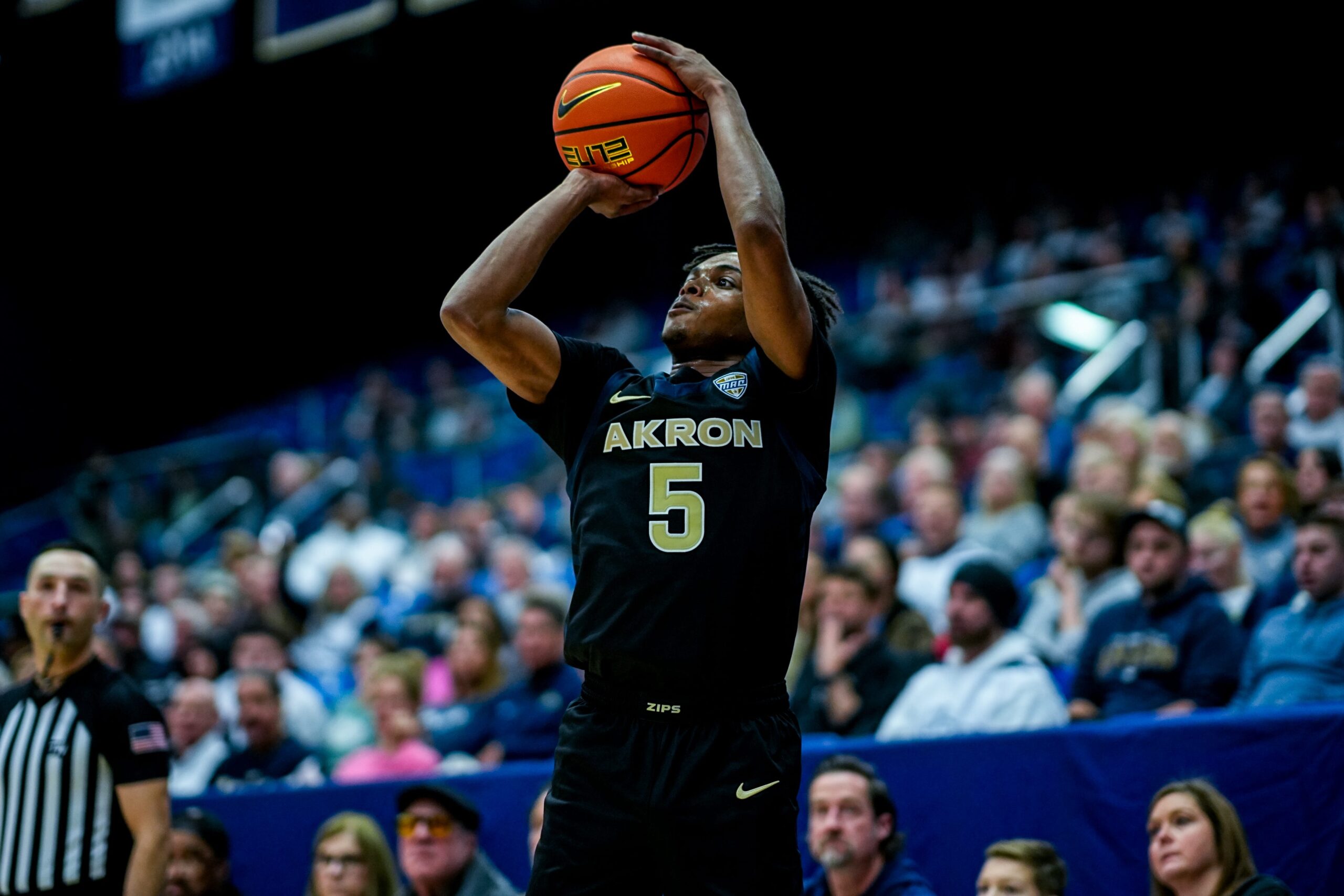 Akron Zips’ Tavari Johnson (5) shoots in a game against UMass, Feb. 13, 2026, at James A Rhodes Arena in Akron, Ohio.