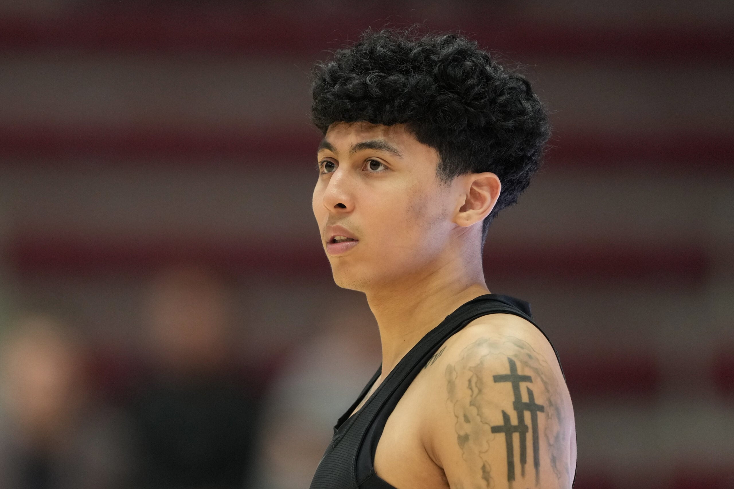 Feb 14, 2026; Santa Clara, California, USA; Santa Clara Broncos guard Christian Hammond (1) before the game against the Gonzaga Bulldogs at Leavey Center. Mandatory Credit: Darren Yamashita-Imagn Images
