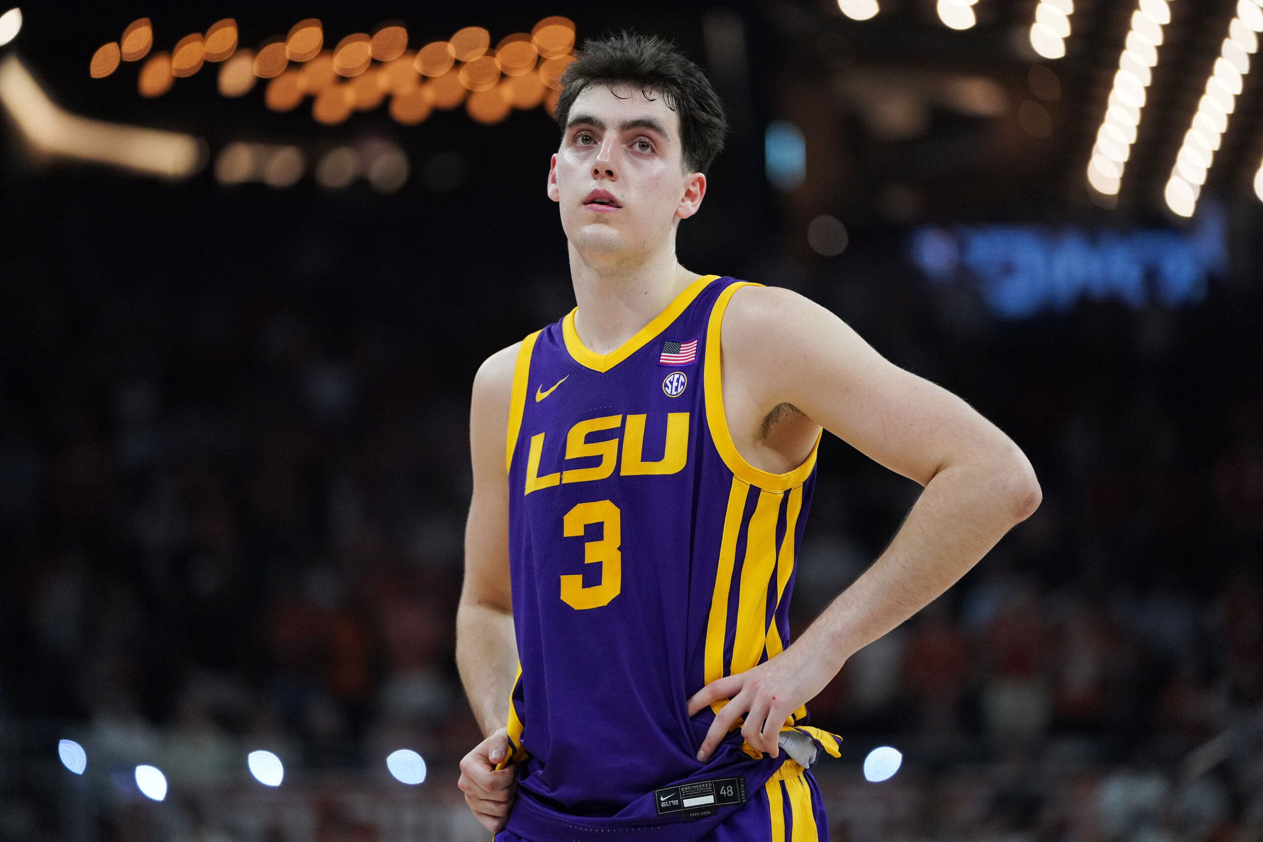 Feb 17, 2026; Austin, Texas, USA; LSU Tigers guard Max Mackinnon (3) rests during a team free throw during the second half against the Texas Longhorns at Moody Center. Mandatory Credit: Dustin Safranek-Imagn Images
