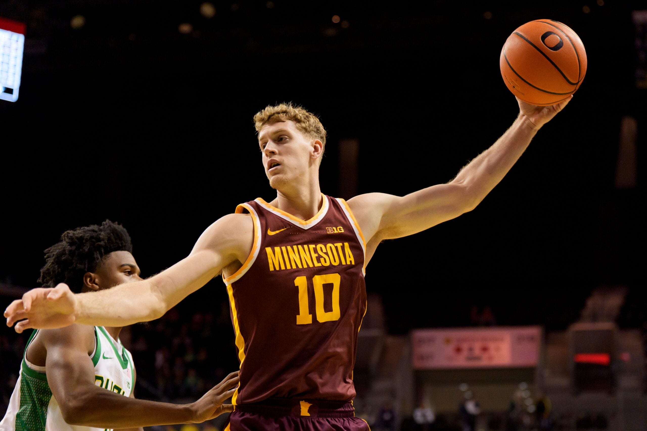 Minnesota forward Cade Tyson rebounds the ball as the Oregon Ducks host the Minnesota Golden Gophers on Feb. 17, 2026, at Matthew Knight Arena in Eugene, Oregon.