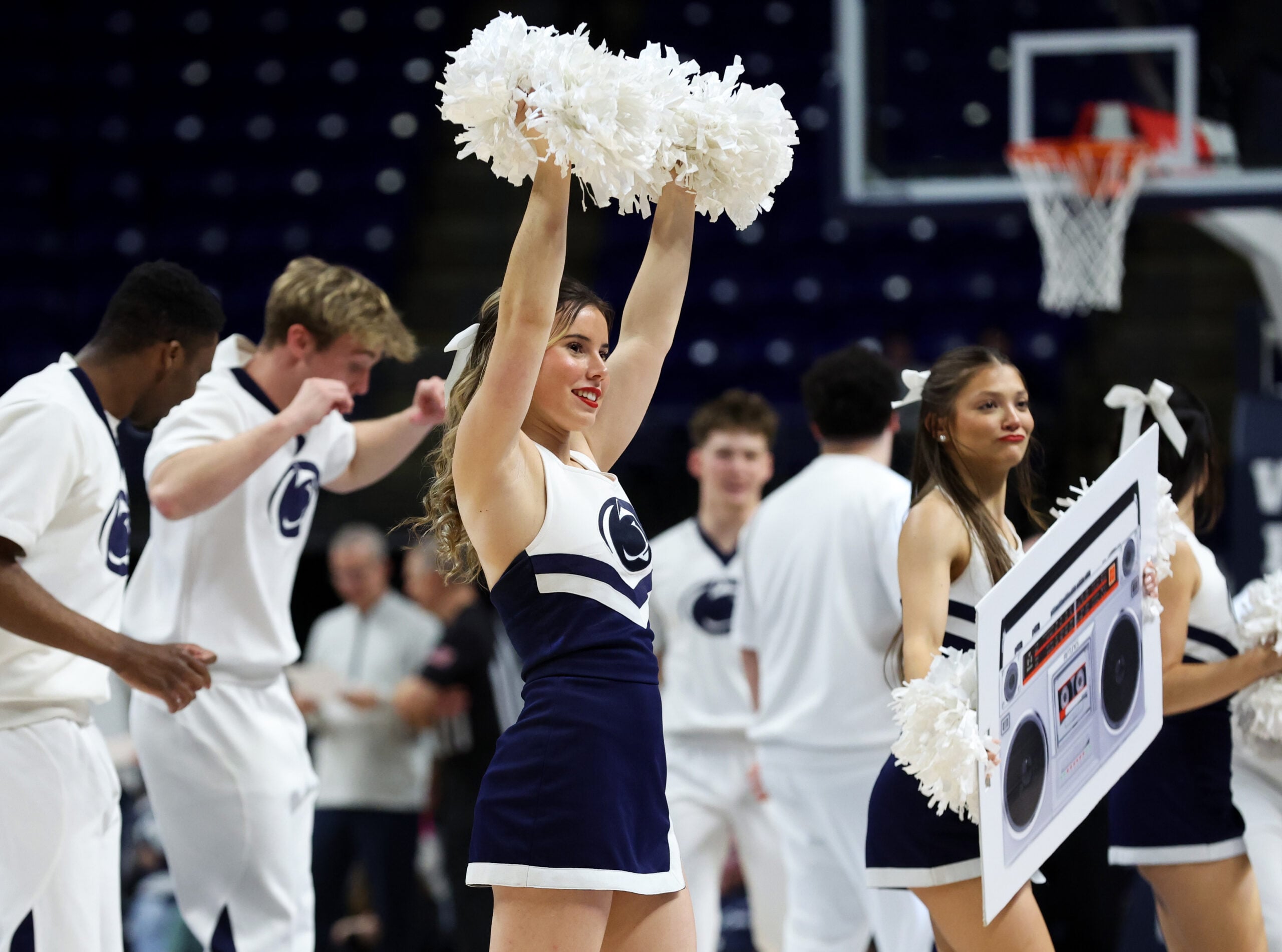Feb 18, 2026; University Park, Pennsylvania, USA; Penn State Nittany Lion cheerleaders perform during the second half against the Rutgers Scarlet Knights at Bryce Jordan Center. Mandatory Credit: Matthew O'Haren-Imagn Images