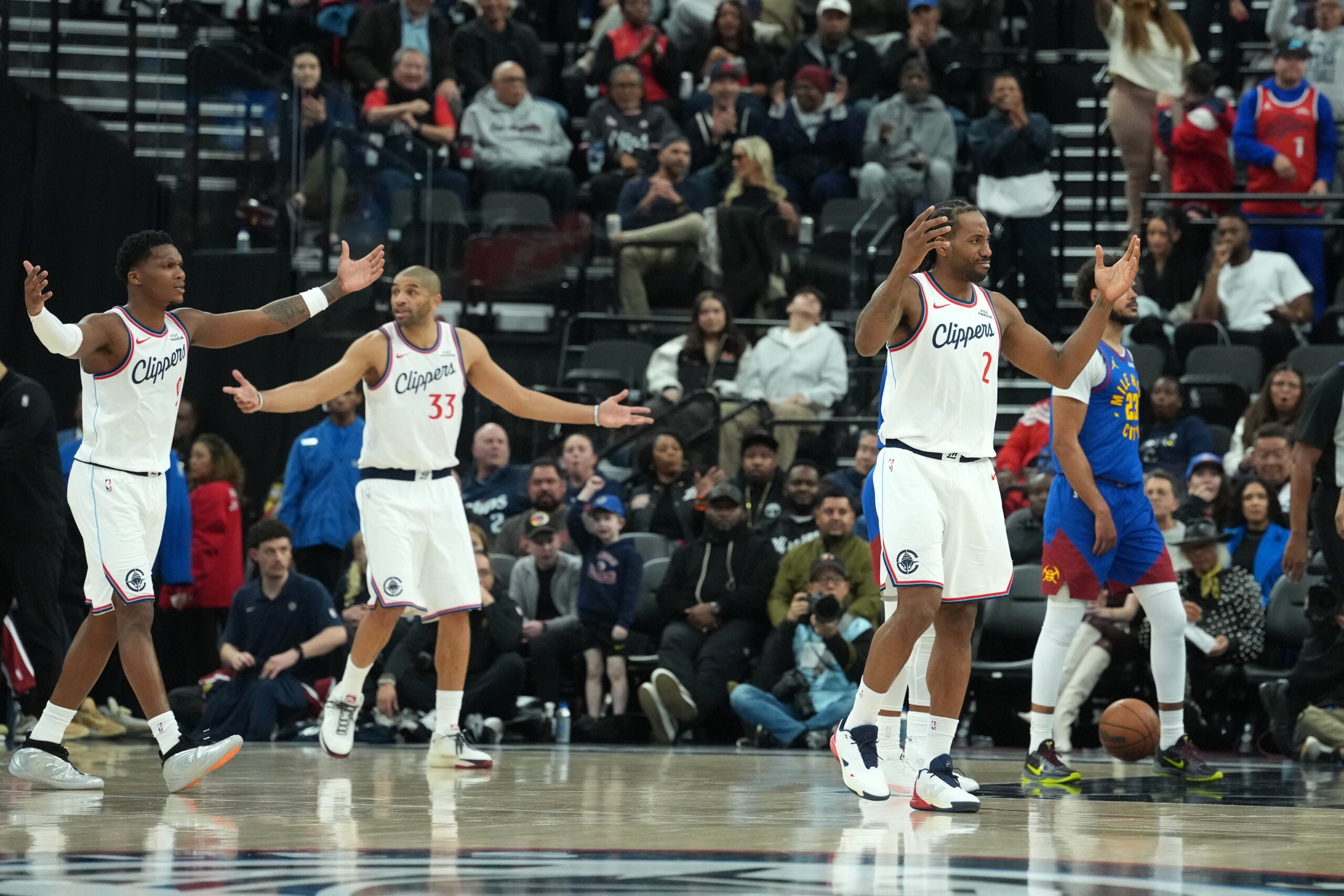Feb 19, 2026; Inglewood, California, USA; LA Clippers forward Kawhi Leonard (2) reacts against the Denver Nuggets in the first half at Intuit Dome. Mandatory Credit: Kirby Lee-Imagn Images