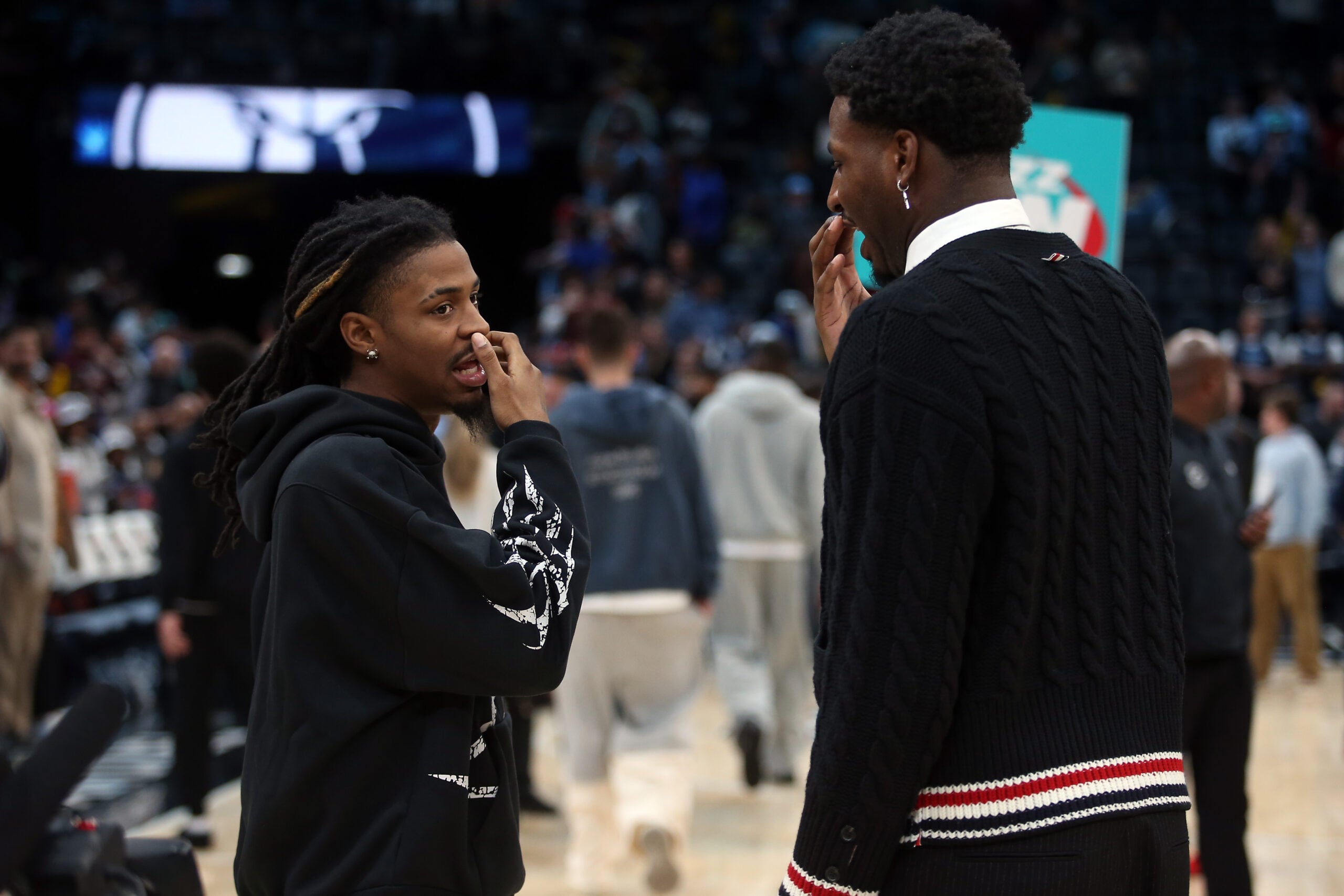 Feb 20, 2026; Memphis, Tennessee, USA; Memphis Grizzlies guard Ja Morant (left) and Utah Jazz forward Jaren Jackson Jr. (right) talk after a game at FedExForum. Mandatory Credit: Petre Thomas-Imagn Images