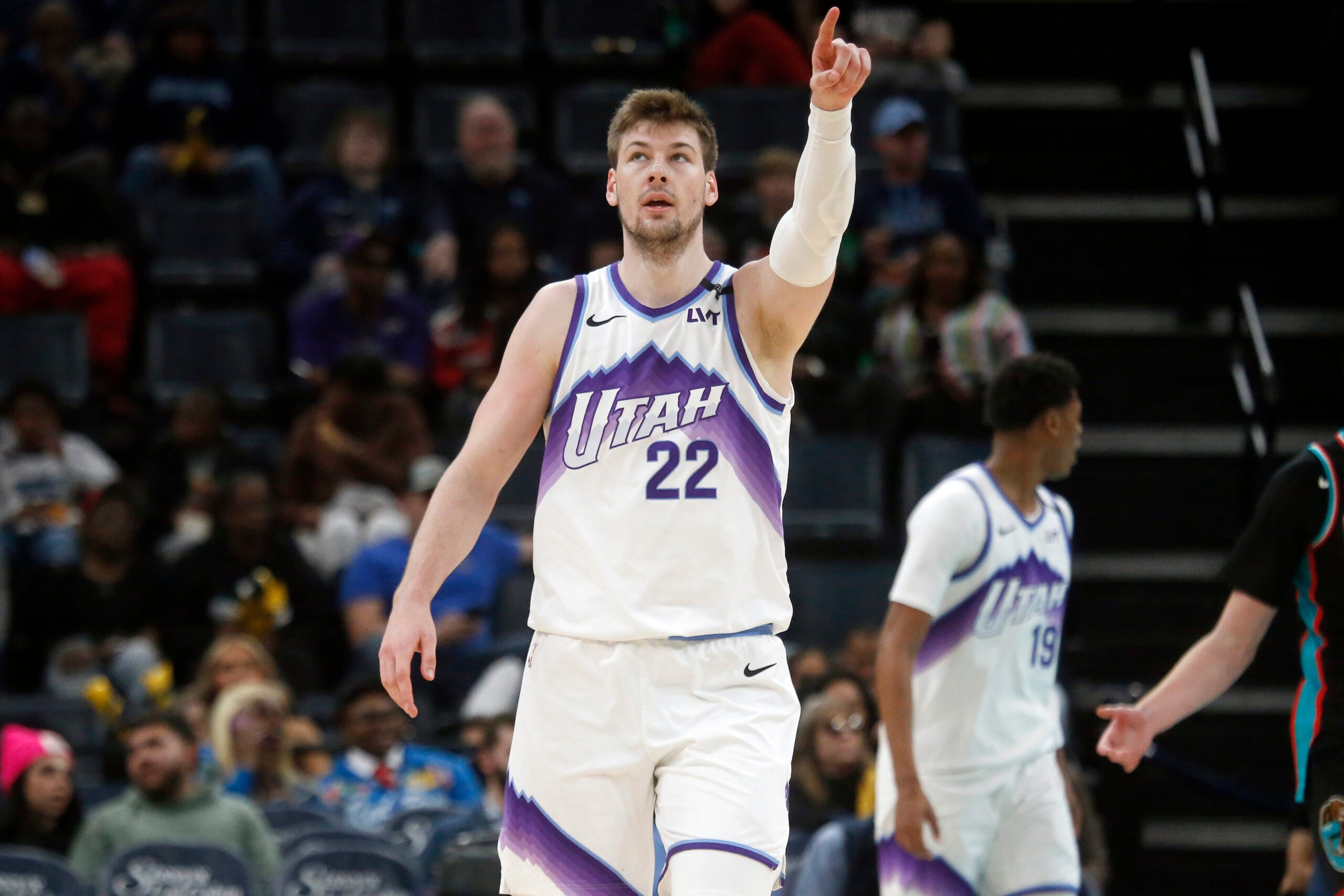 Feb 20, 2026; Memphis, Tennessee, USA; Utah Jazz forward Kyle Filipowski (22) reacts during the second quarter against the Memphis Grizzlies at FedExForum. Mandatory Credit: Petre Thomas-Imagn Images
