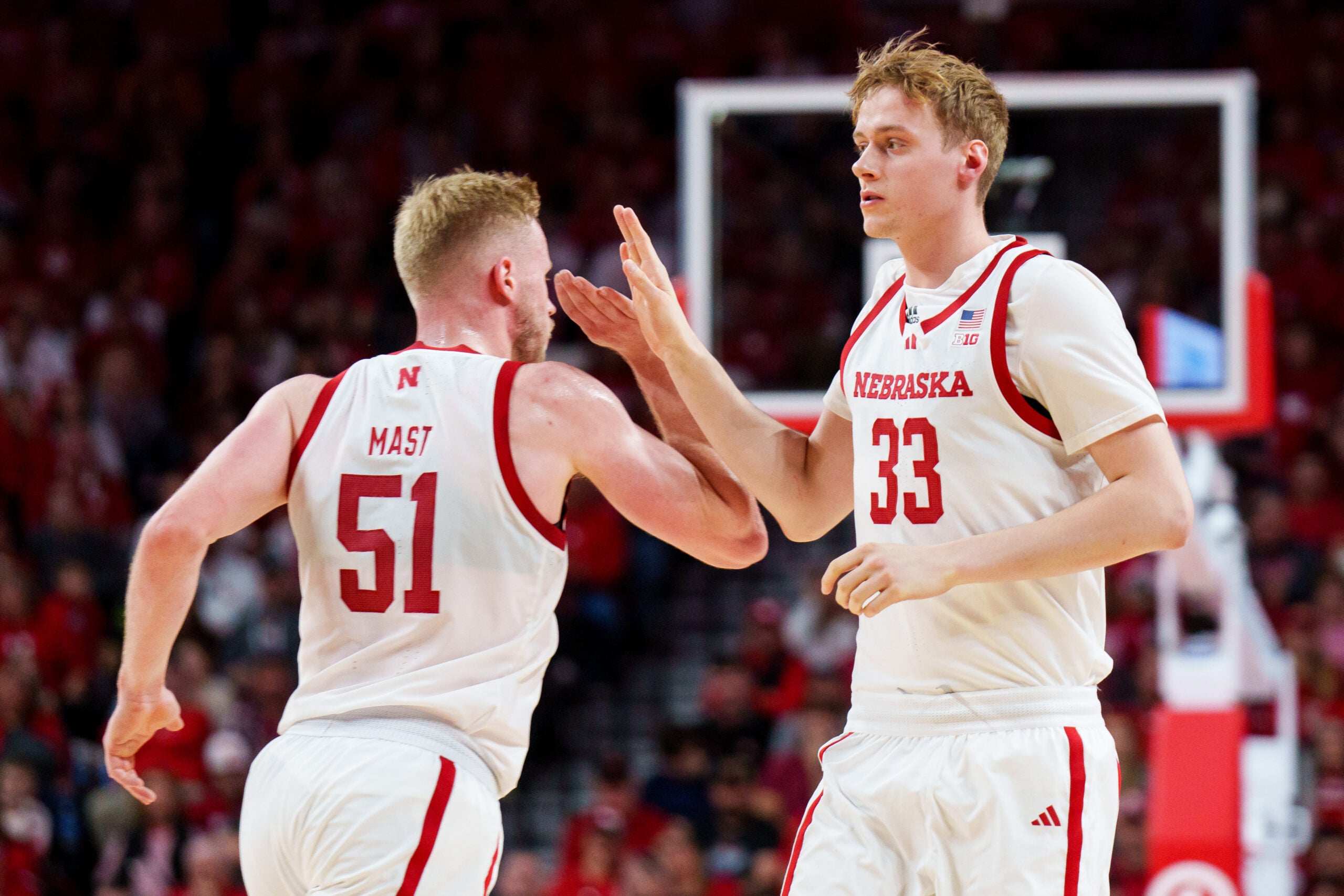 Feb 21, 2026; Lincoln, Nebraska, USA; Nebraska Cornhuskers forward Leo Curtis (33) subs in for forward Rienk Mast (51) during the first half against the Penn State Nittany Lions at Pinnacle Bank Arena. Mandatory Credit: Dylan Widger-Imagn Images