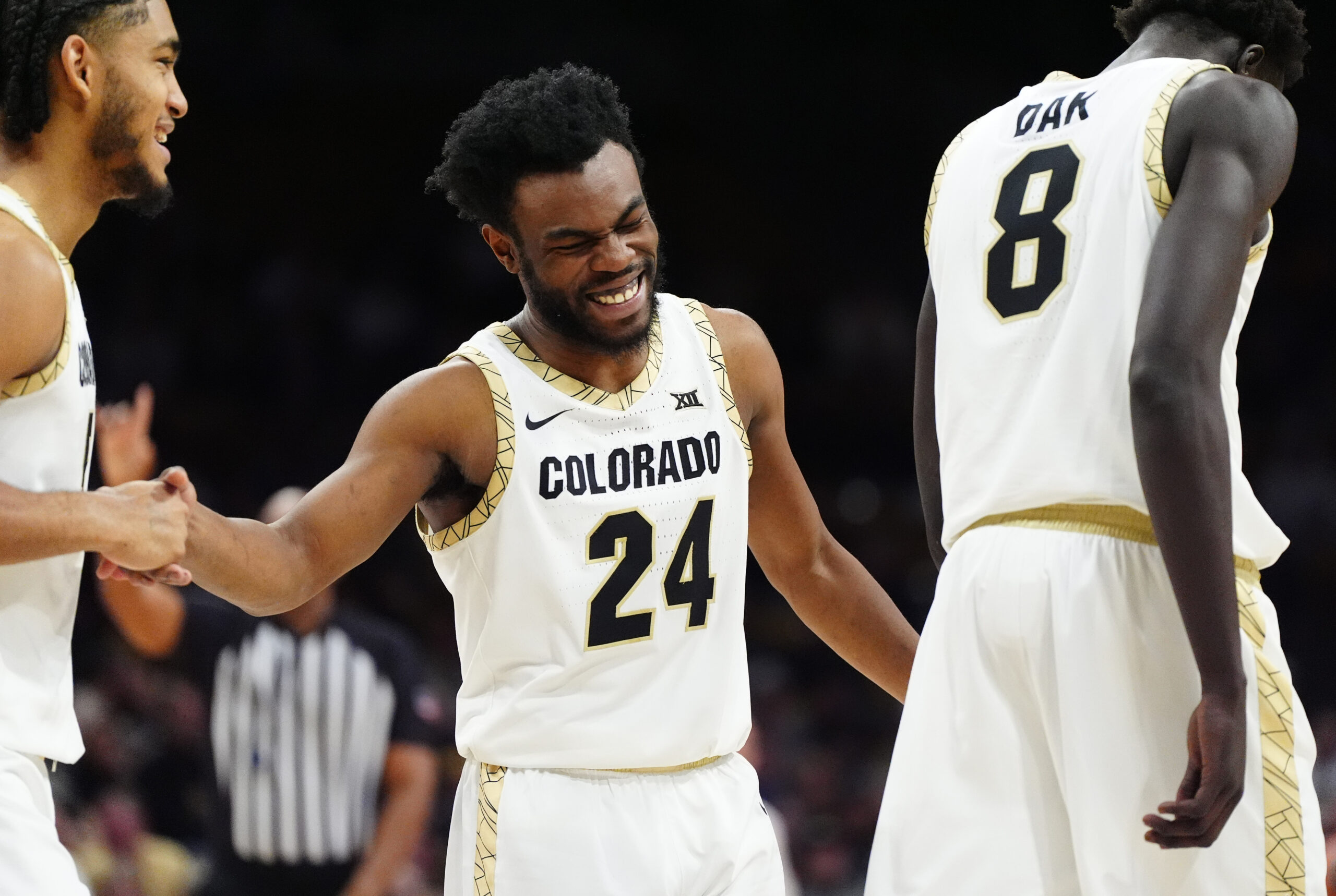 Feb 21, 2026; Boulder, Colorado, USA; Colorado Buffaloes guard Barrington Hargress (24) reacts in the second half against the Oklahoma State Cowboys at the CU Events Center. Mandatory Credit: Ron Chenoy-Imagn Images
