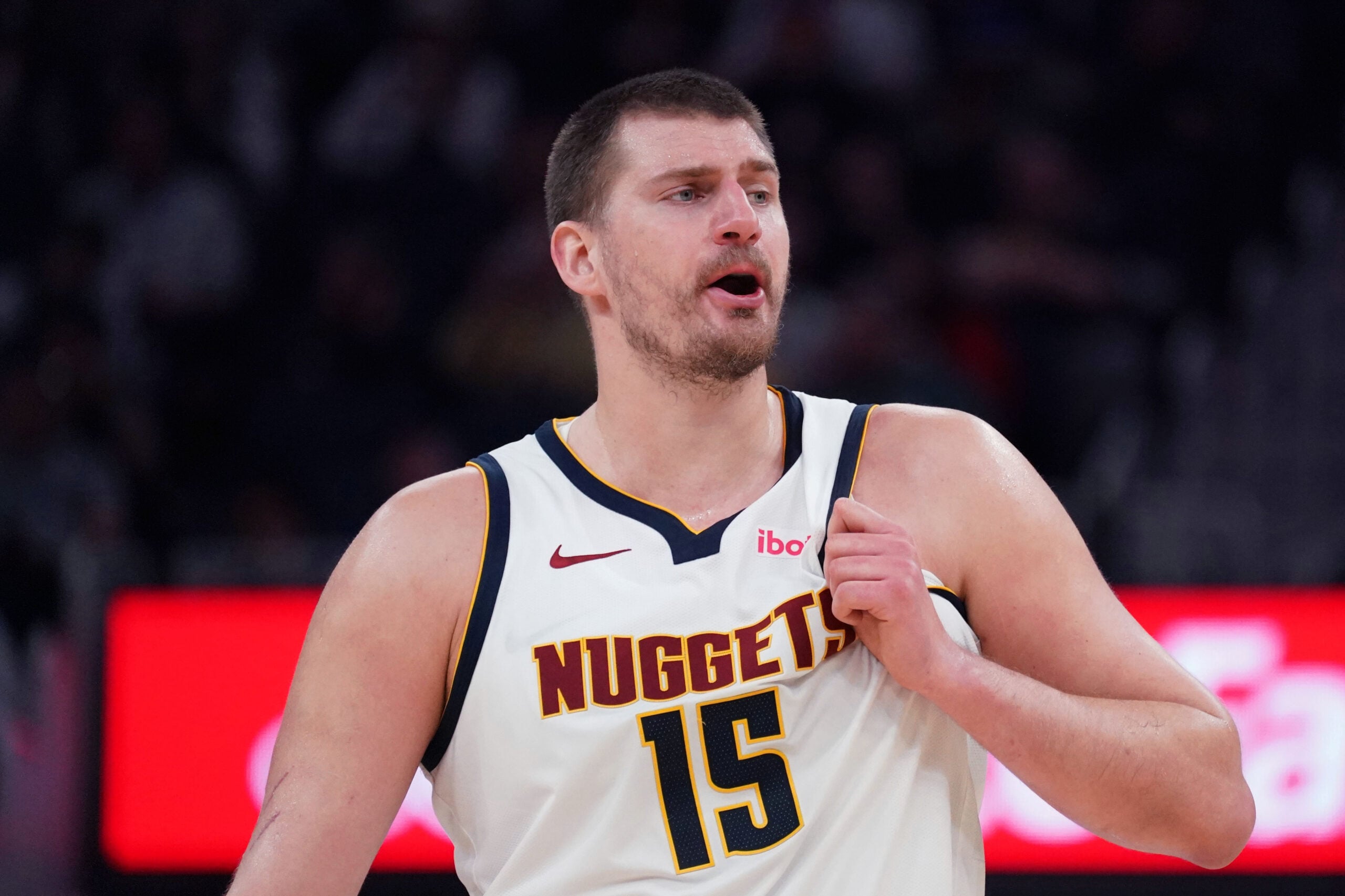 Feb 22, 2026; San Francisco, California, USA;  Denver Nuggets center Nikola Jokic (15) complains to an official during a game against the Golden State Warriors in the third quarter at Chase Center. Mandatory Credit: David Gonzales-Imagn Images