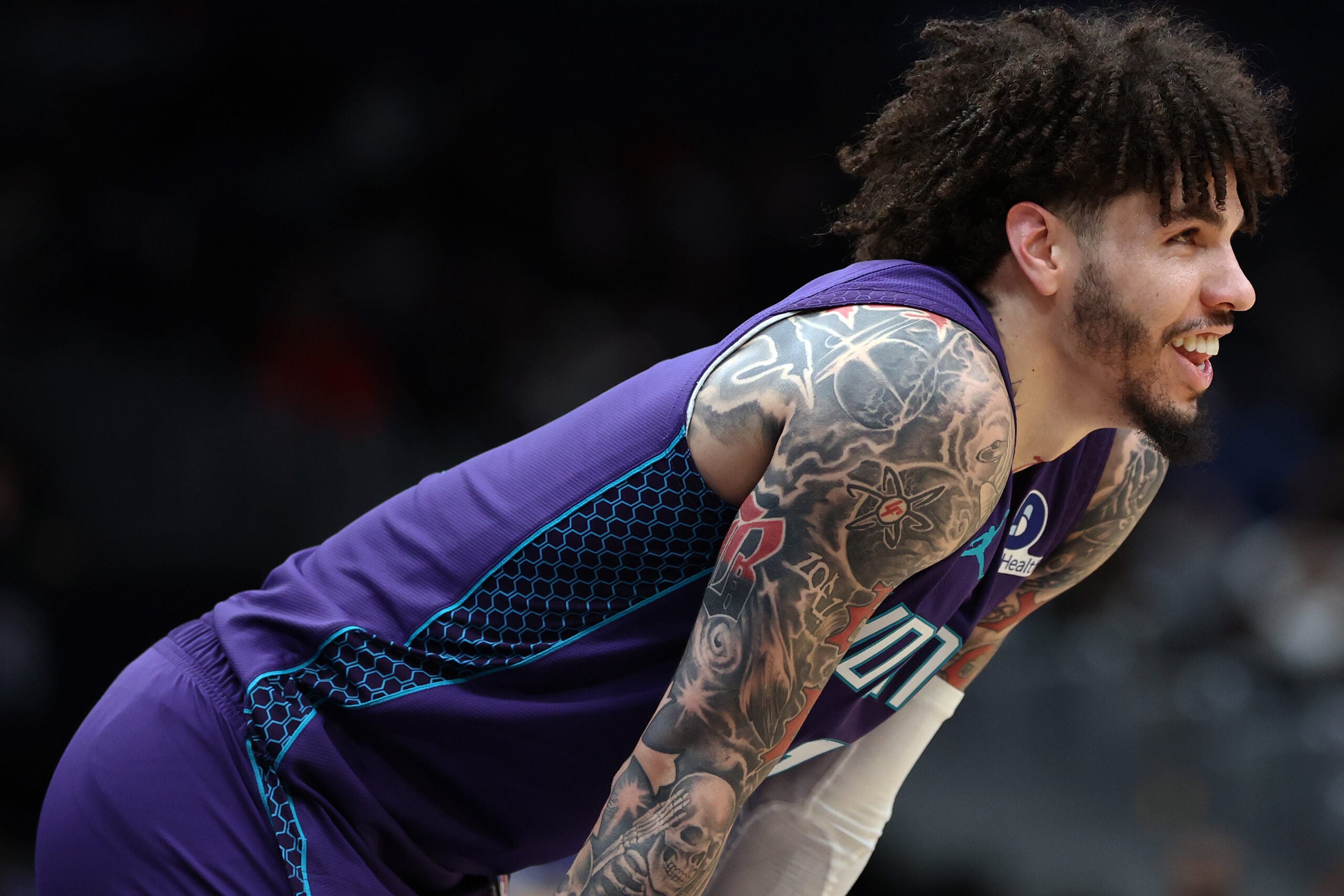 Feb 22, 2026; Washington, District of Columbia, USA; Charlotte Hornets guard LaMelo Ball (1) looks on during the first half against the Washington Wizards at Capital One Arena. Mandatory Credit: Daniel Kucin Jr.-Imagn Images
