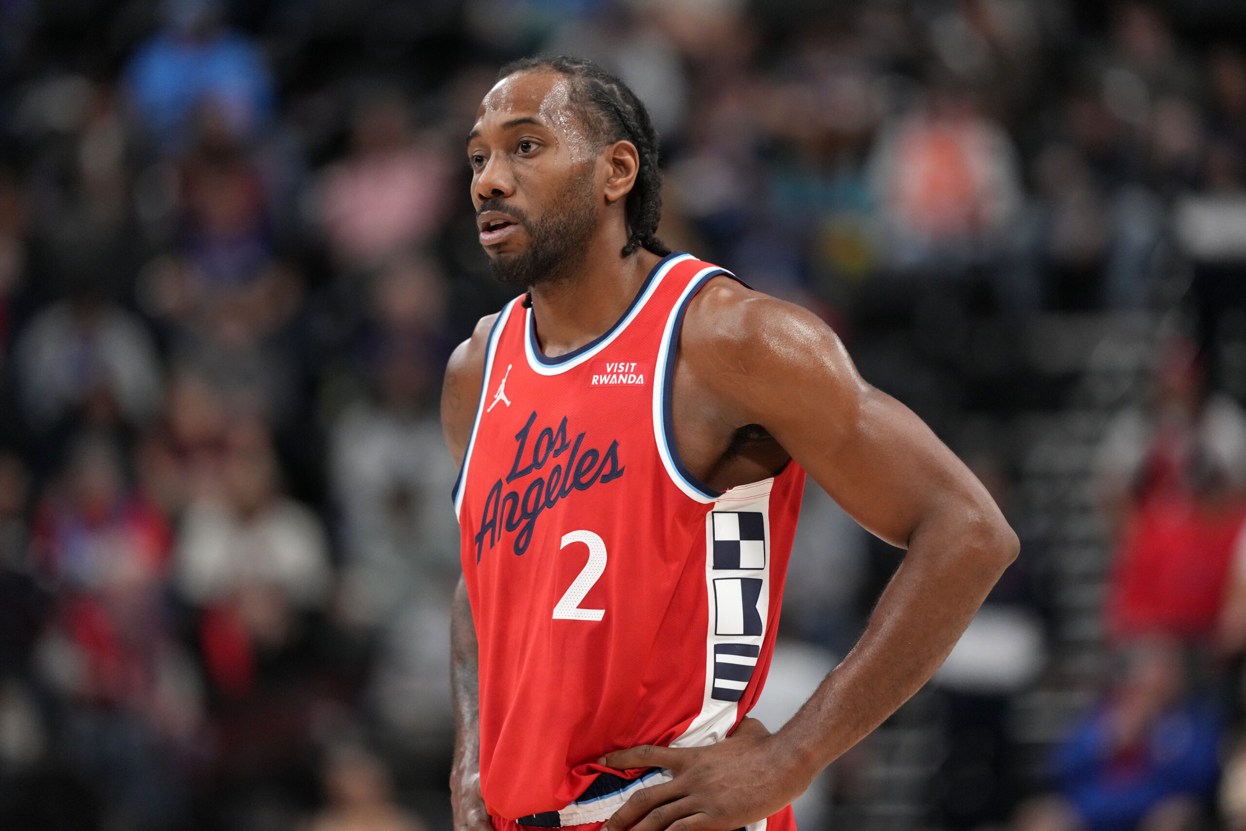 Feb 22, 2026; Inglewood, California, USA; LA Clippers forward Kawhi Leonard (2) reacts against the Orlando Magic in the second half at Intuit Dome. Mandatory Credit: Kirby Lee-Imagn Images
