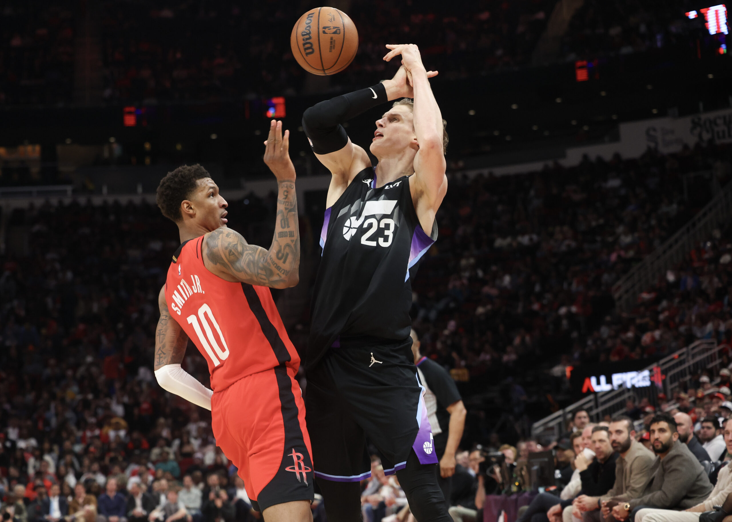 Feb 23, 2026; Houston, Texas, USA;  Utah Jazz forward Lauri Markkanen (23) is defended by Houston Rockets forward Jabari Smith Jr. (10)] in the second quarter at Toyota Center. Mandatory Credit: Thomas Shea-Imagn Images