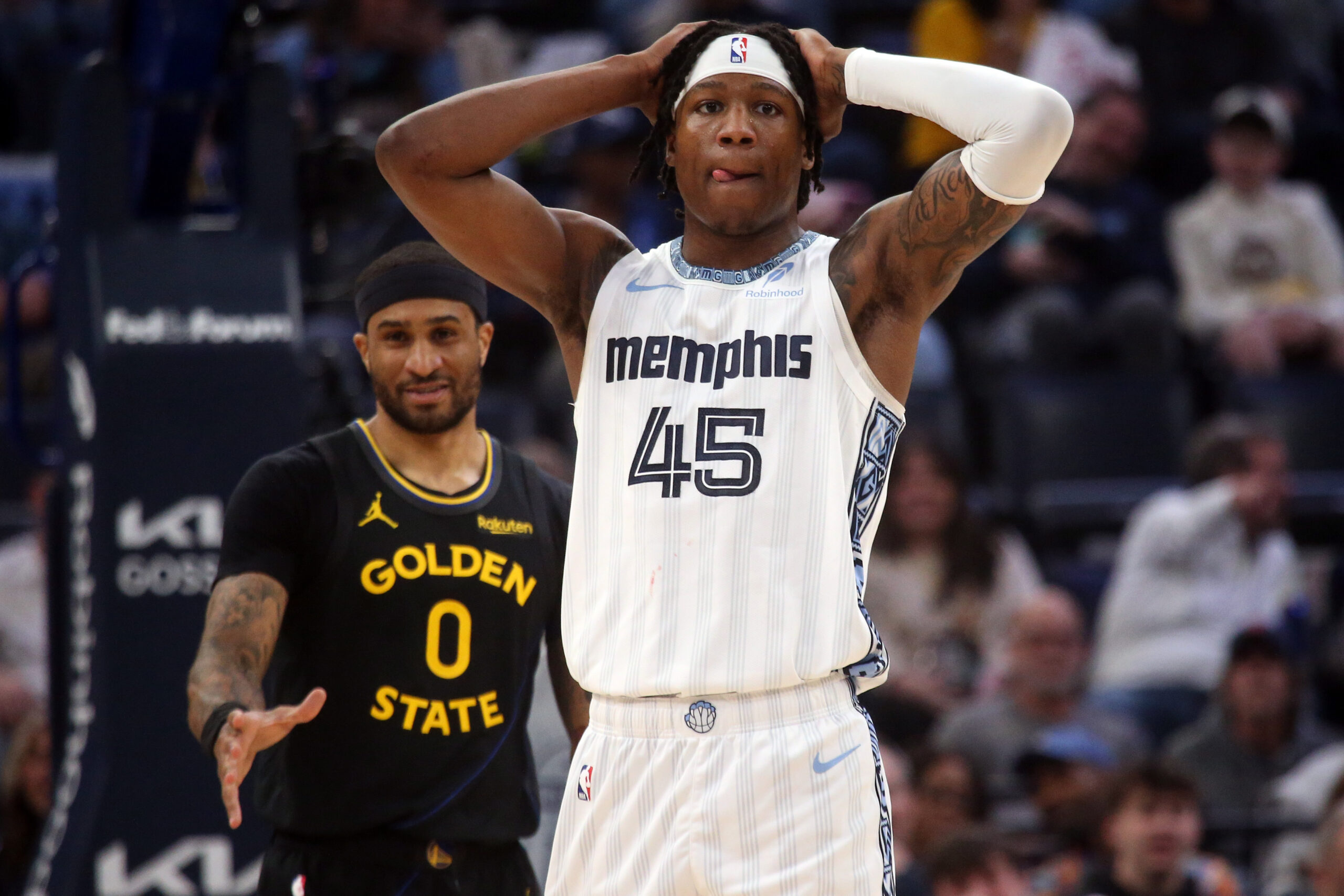 Feb 25, 2026; Memphis, Tennessee, USA; Memphis Grizzlies forward GG Jackson (45) reacts during the second quarter against the Golden State Warriors at FedExForum. Mandatory Credit: Petre Thomas-Imagn Images