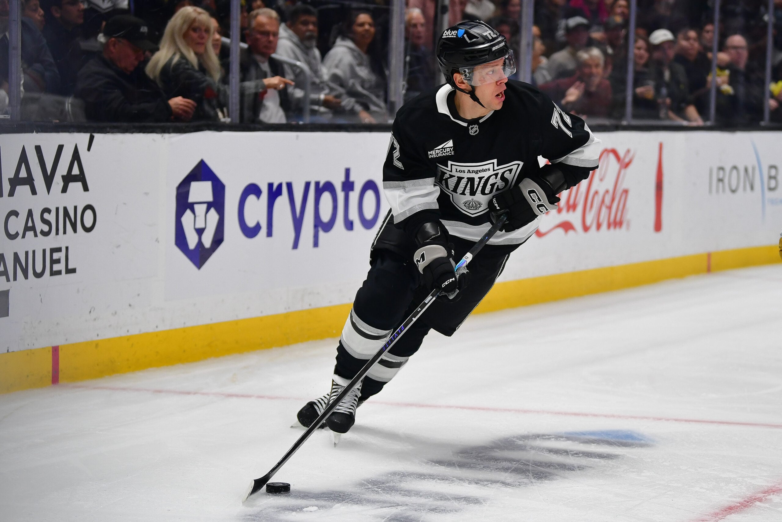 Feb 25, 2026; Los Angeles, California, USA; Los Angeles Kings left wing Artemi Panarin (72) controls the puck against the Vegas Golden Knights during the second period at Crypto.com Arena. Mandatory Credit: Gary A. Vasquez-Imagn Images