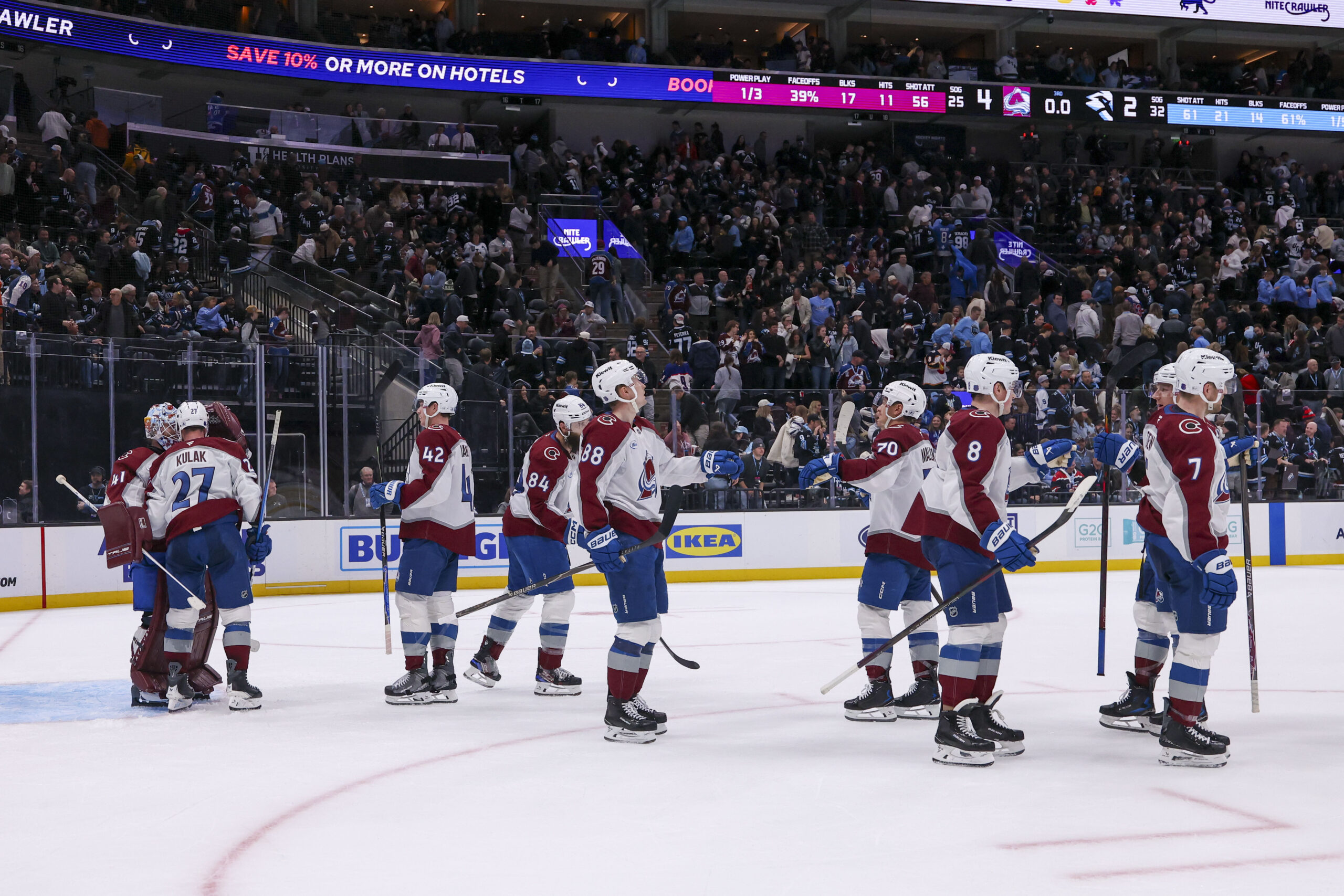 Feb 25, 2026; Salt Lake City, Utah, USA; The Colorado Avalanche celebrate a win over the Utah Mammoth after the game at Delta Center. Mandatory Credit: Rob Gray-Imagn Images