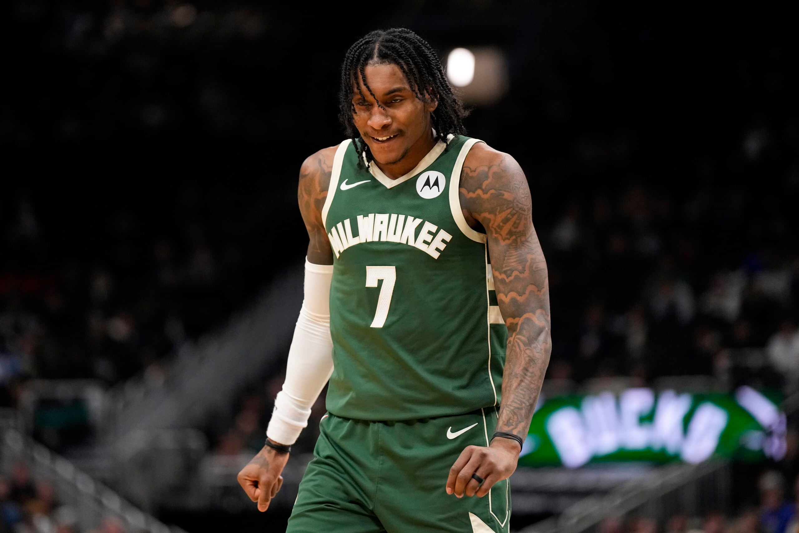 Feb 25, 2026; Milwaukee, Wisconsin, USA; Milwaukee Bucks guard Kevin Porter Jr. (7) during the game against the Cleveland Cavaliers at Fiserv Forum. Mandatory Credit: Jeff Hanisch-Imagn Images