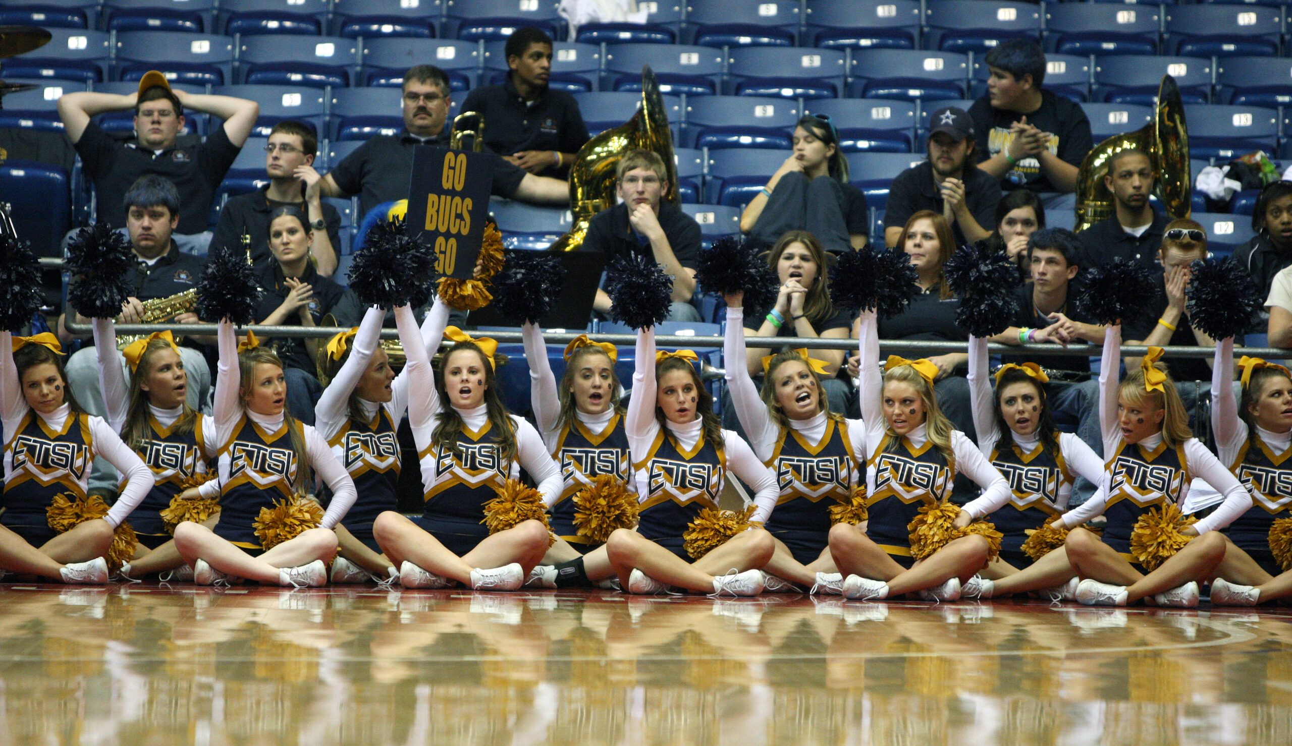 Mar 20, 2009;Dayton, Oh, USA; East Tennessee State Buccaneers cheerleaders on the baseline against the Pittsburgh Panthers during the first round of the 2009 NCAA mens basketball tournament at University of Dayton Arena. Mandatory Credit: Photo By Matthew Emmons-Imagn Images