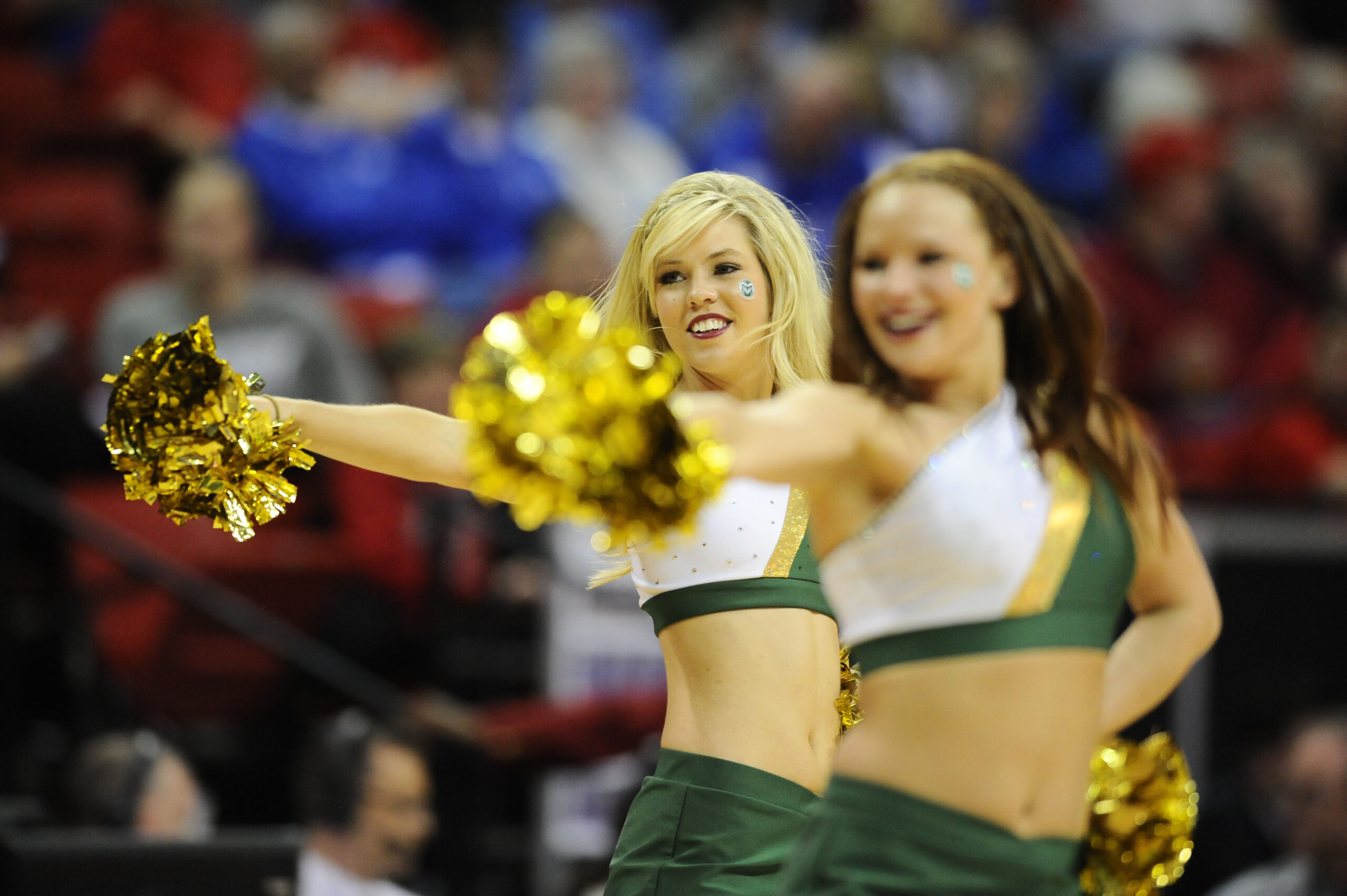 Mar 8, 2012; Las Vegas, NV, USA; Colorado State Rams cheerleaders performs during the second half against the TCU Horned Frogs of the first round of the 2012 Mountain West Tournament at the Thomas & Mack Center. The Rams defeated the Horned Frogs 81-60. Mandatory Credit: Ron Chenoy-Imagn Images