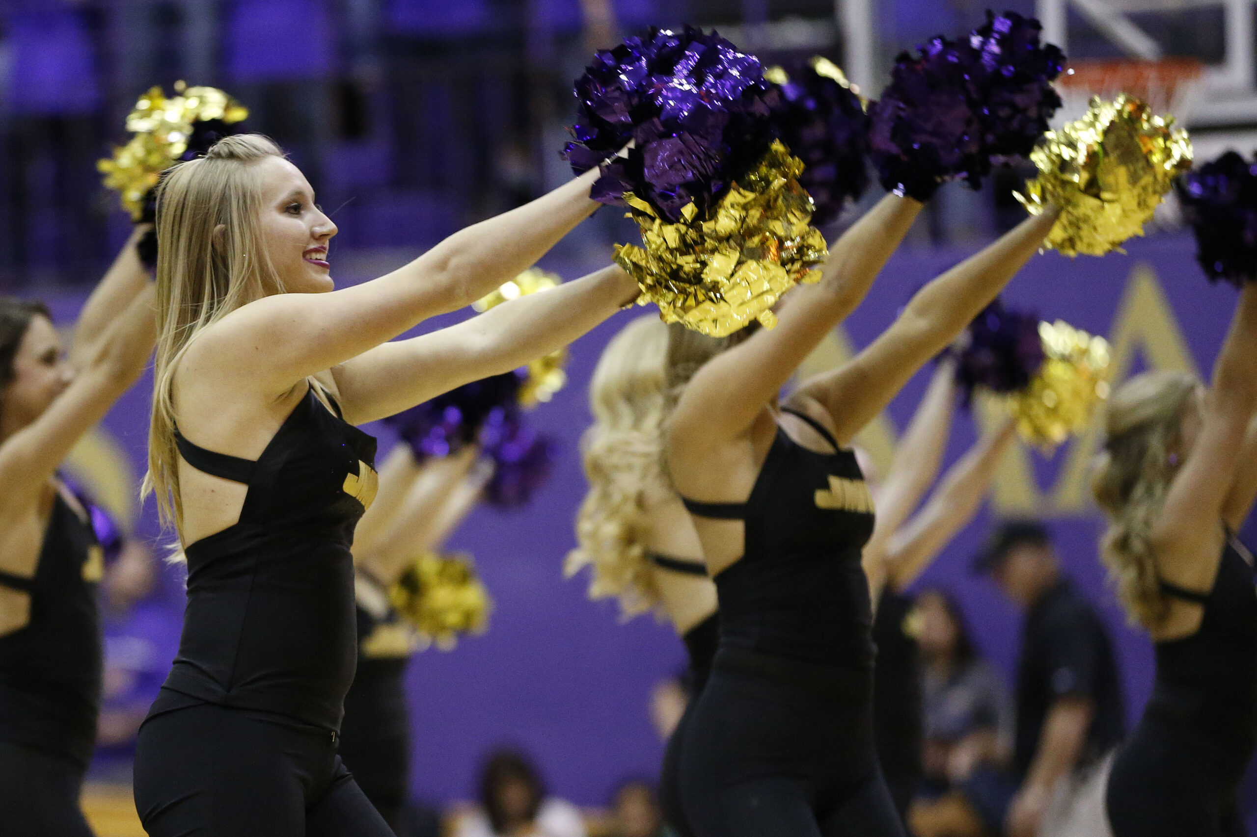 Nov 14, 2014; Harrisonburg, VA, USA; A James Madison Dukes cheerleader dances on the court during a stoppage in play against the Virginia Cavaliers at JMU Convocation Center. The Cavaliers won 79-51. Mandatory Credit: Amber Searls-Imagn Images