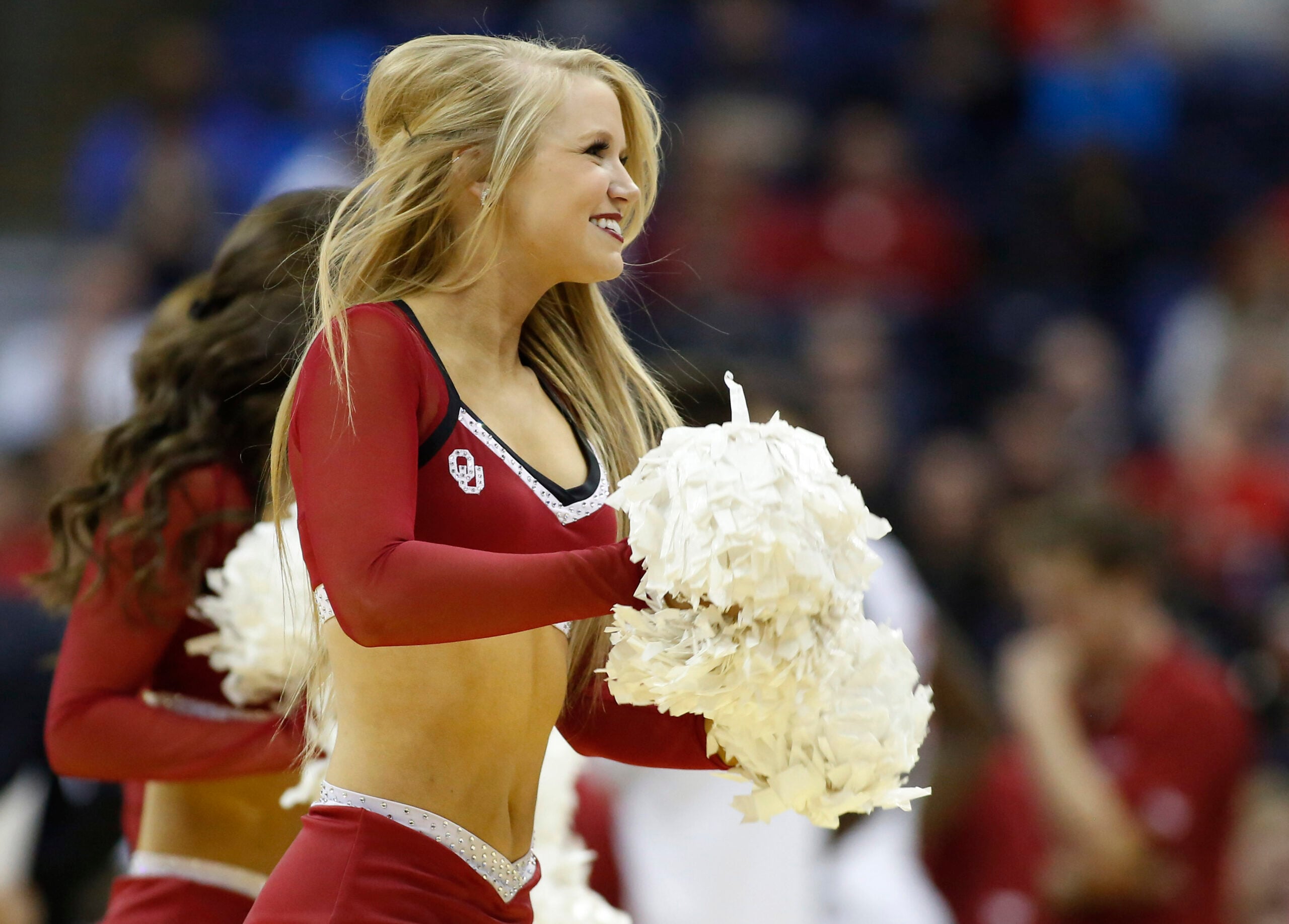 Mar 20, 2015; Columbus, OH, USA; Oklahoma Sooners cheerleaders during the first half against the Albany Great Danes in the second round of the 2015 NCAA Tournament at Nationwide Arena. Mandatory Credit: Joe Maiorana-Imagn Images