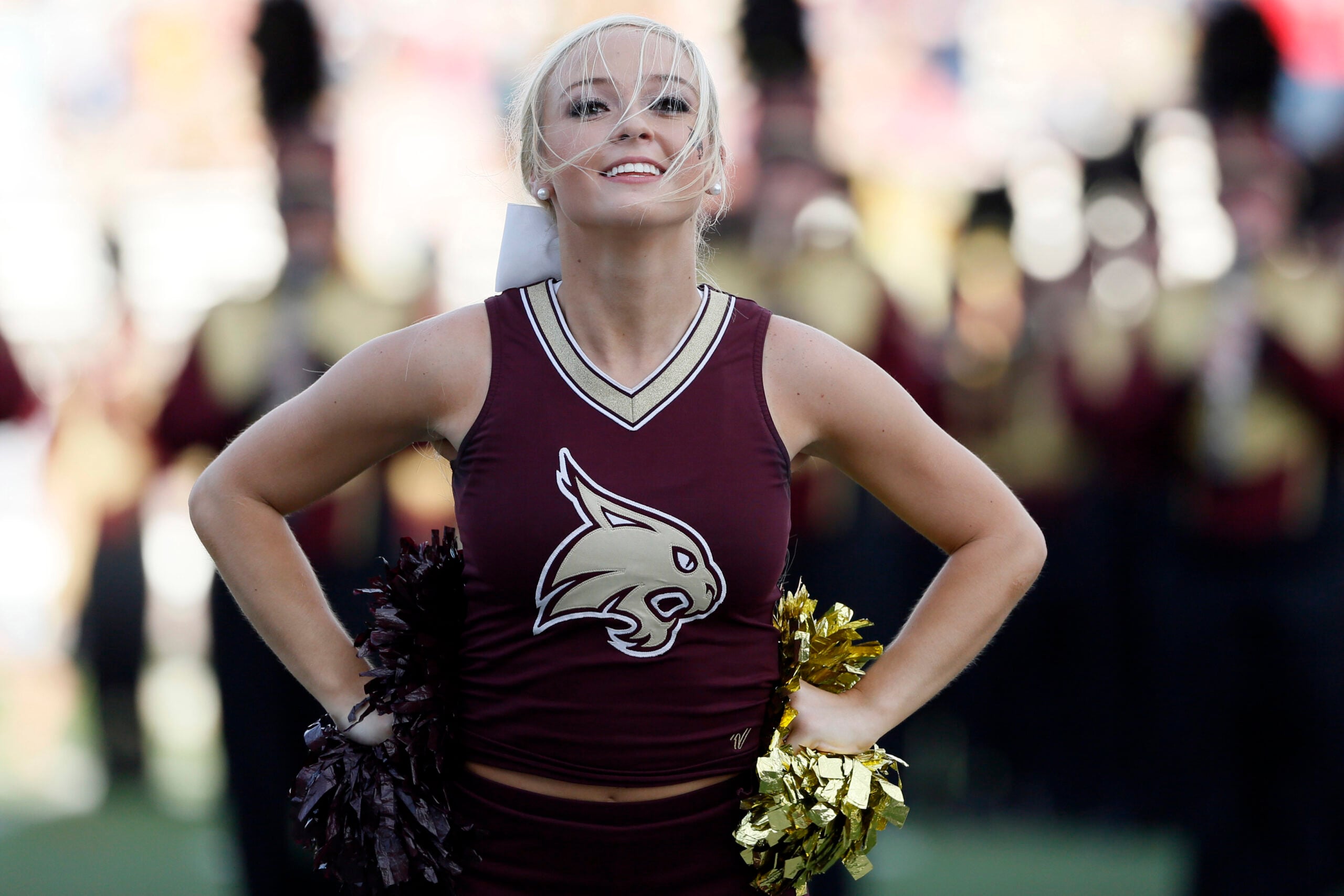 Sep 19, 2015; San Marcos, TX, USA; Texas State Bobcats cheerleader performs before the game against the Southern Mississippi Golden Eagles at Bobcat Stadium. Mandatory Credit: Soobum Im-Imagn Images