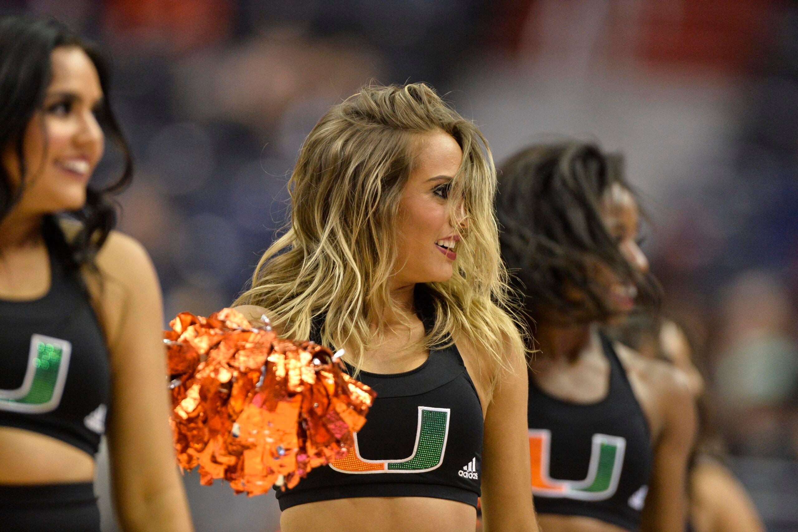 Mar 10, 2016; Washington, DC, USA; Miami Hurricanes cheerleaders perform in the second half against the Virginia Tech Hokies during day three of the ACC conference tournament at Verizon Center. Miami Hurricanes defeated Virginia Tech Hokies 88-82. Mandatory Credit: Tommy Gilligan-Imagn Images