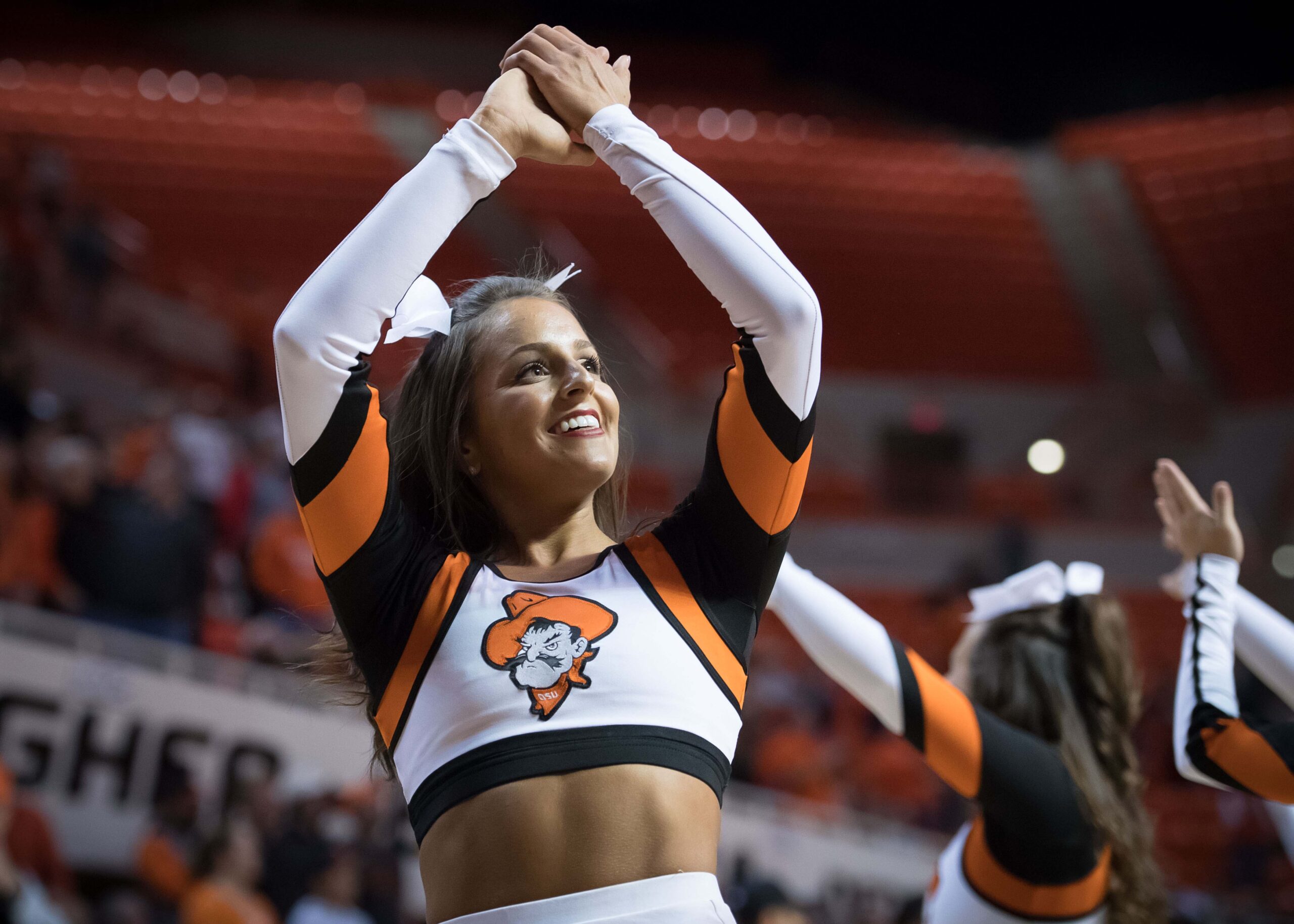 Feb 21, 2018; Stillwater, OK, USA; Oklahoma State Cowboys cheerleader during the game against the Texas Tech Red Raiders at Gallagher-Iba Arena. Mandatory Credit: Rob Ferguson-Imagn Images