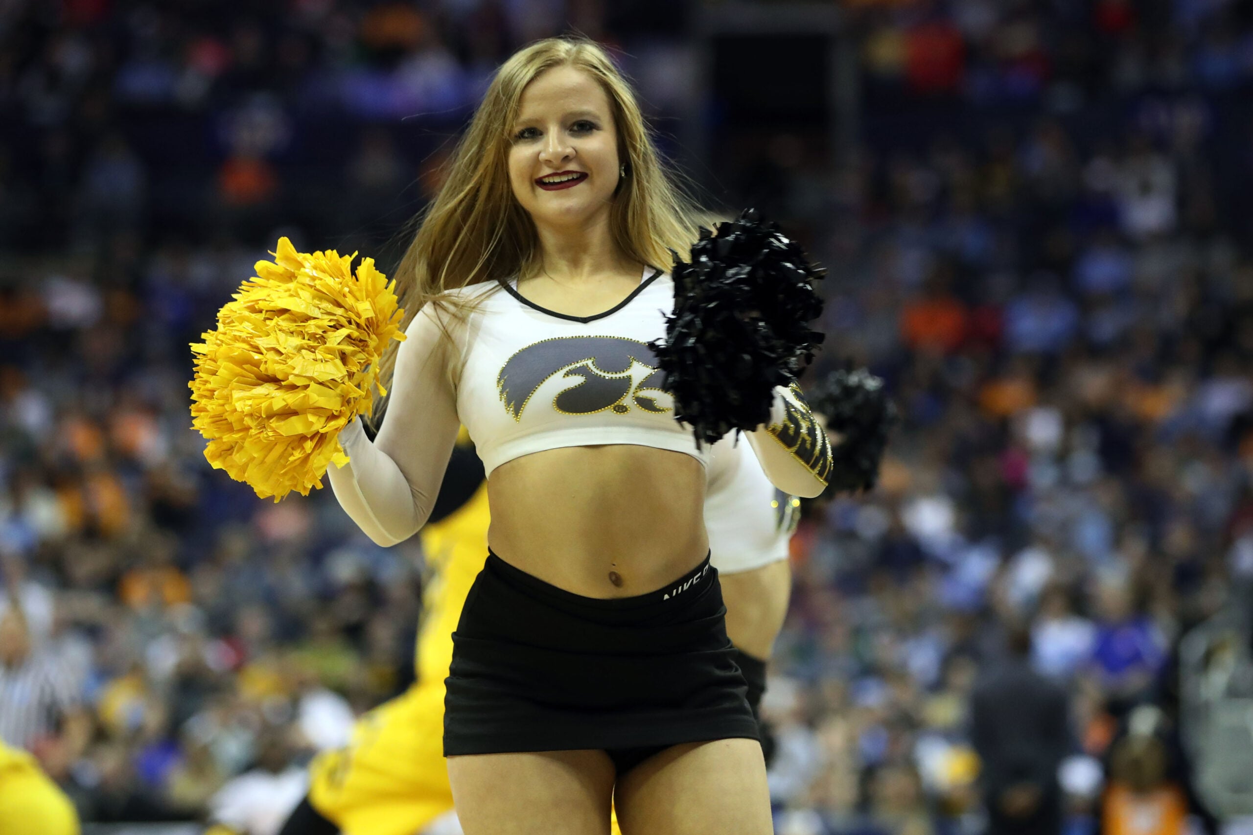 Mar 24, 2019; Columbus, OH, USA; Iowa Hawkeyes cheerleader in the first half against the Tennessee Volunteers in the second round of the 2019 NCAA Tournament at Nationwide Arena. Mandatory Credit: Kevin Jairaj-Imagn Images
