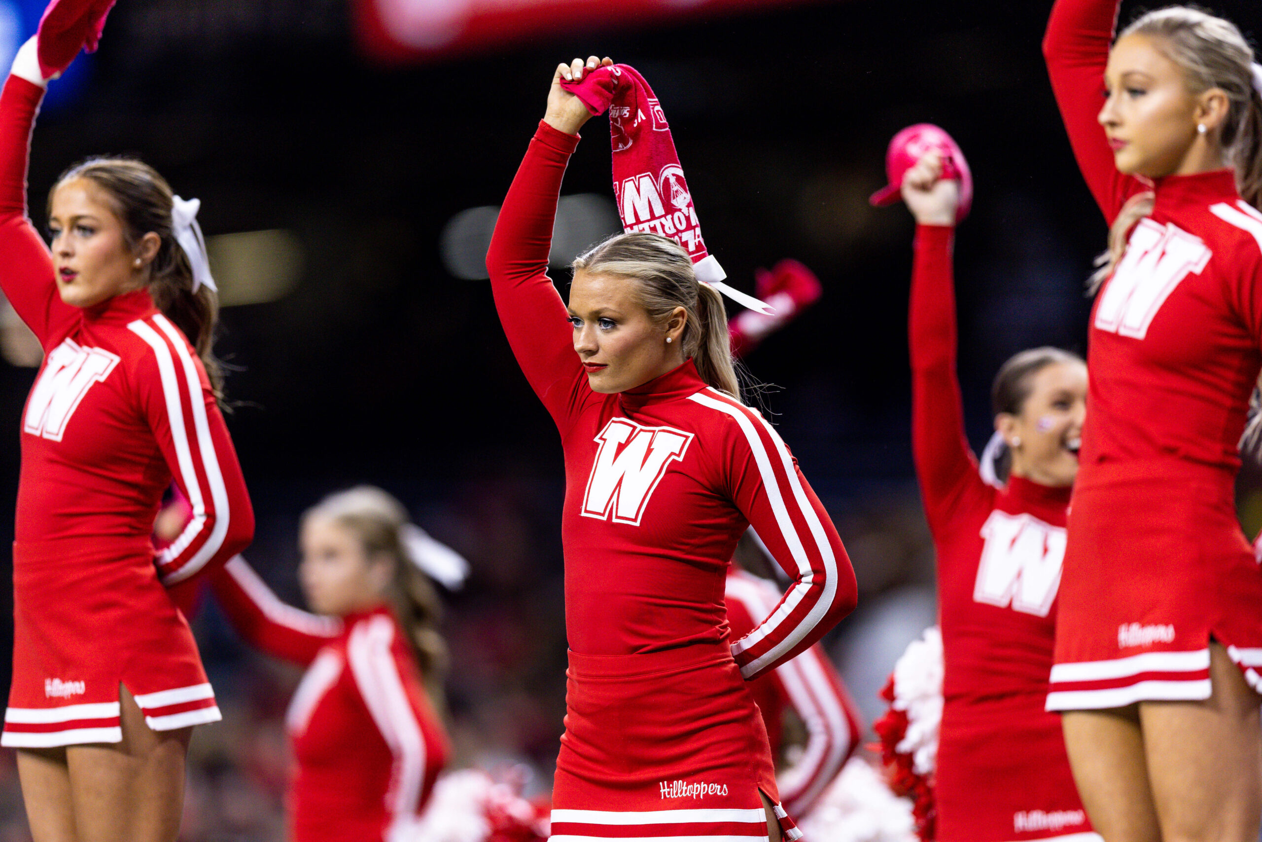 Dec 21, 2022; New Orleans, Louisiana, USA;  Western Kentucky Hilltoppers cheerleaders perform against the South Alabama Jaguars during the second half at Caesars Superdome. Mandatory Credit: Stephen Lew-Imagn Images